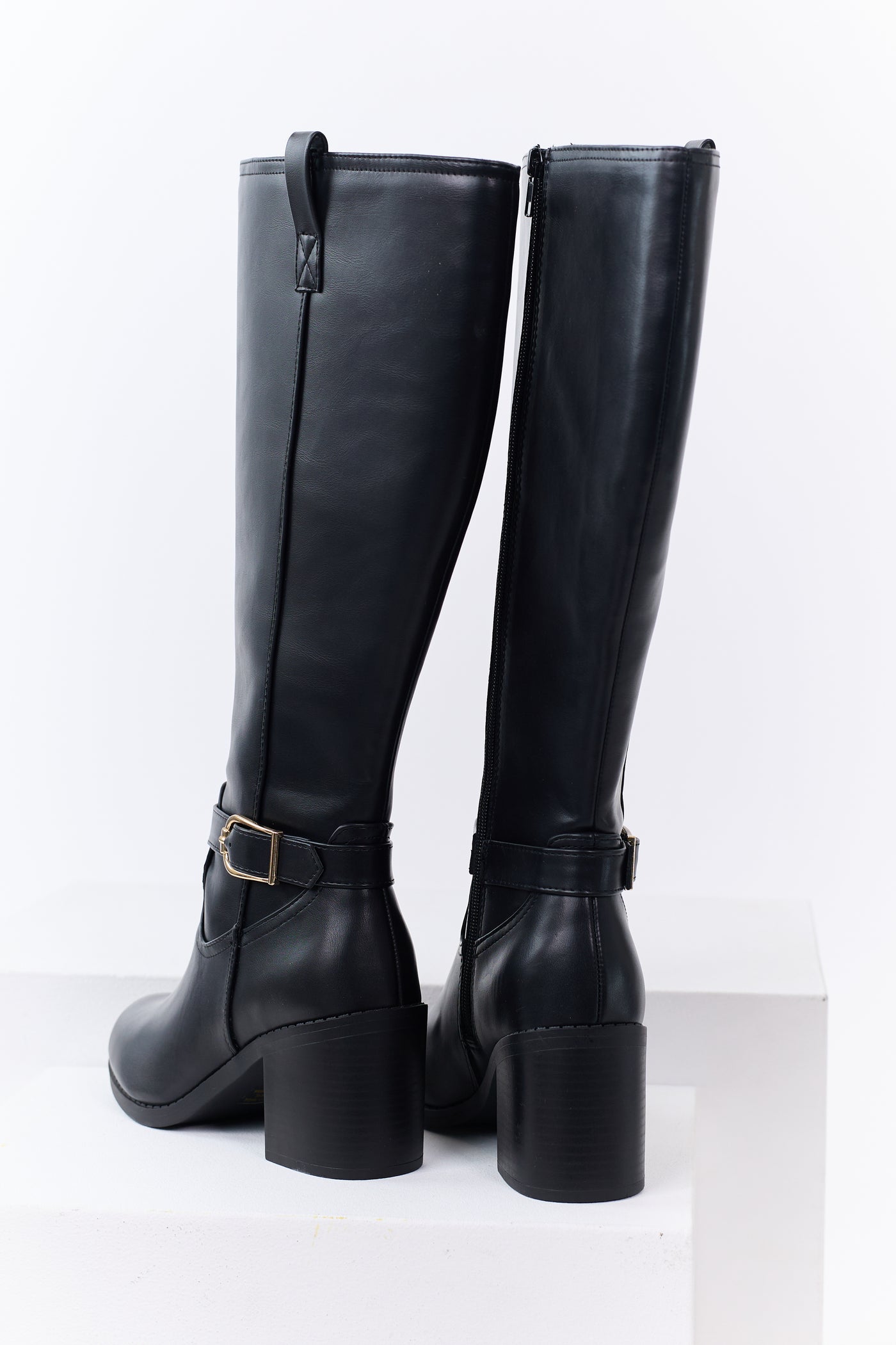 Black Faux Leather Gold Buckle Ankle Strap Boots