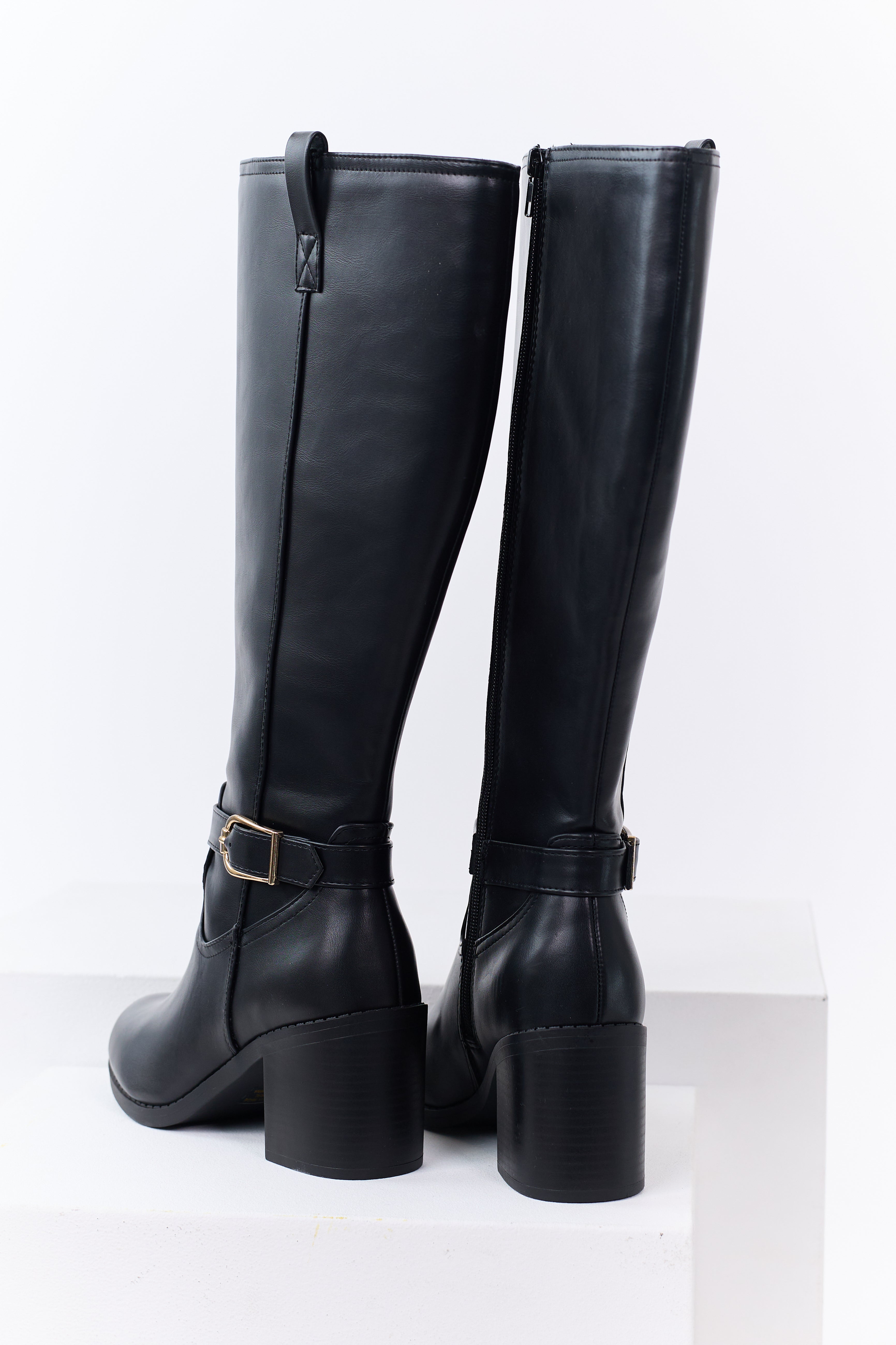 Black Faux Leather Gold Buckle Ankle Strap Boots