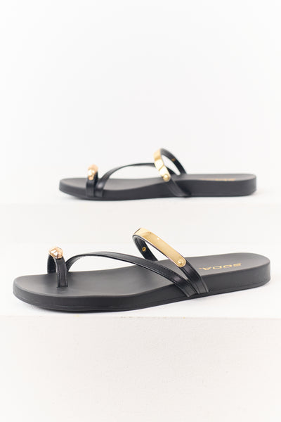 Black Faux Leather Gold Toe Strap Sandals