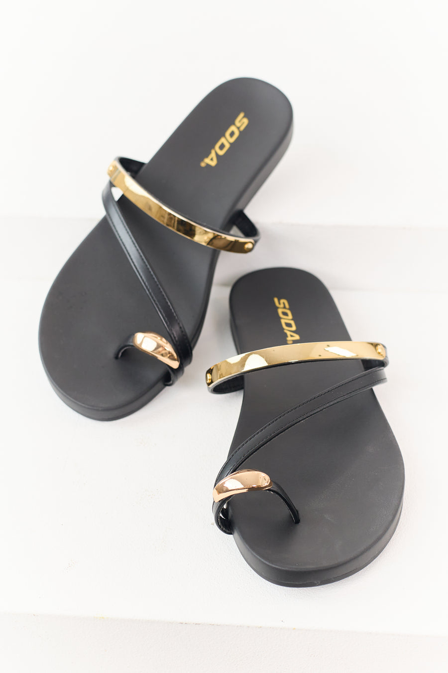 Black Faux Leather Gold Toe Strap Sandals