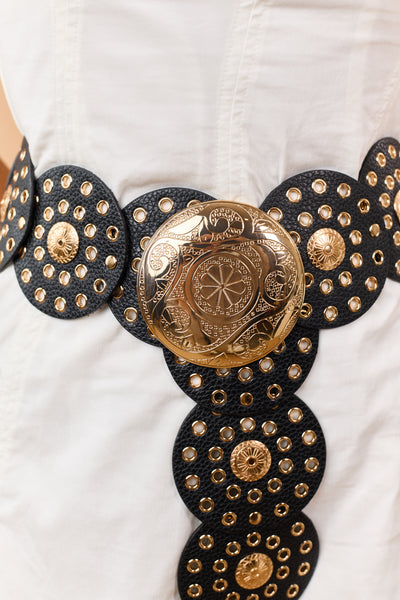 Black Faux Leather Grommet Disc Belt