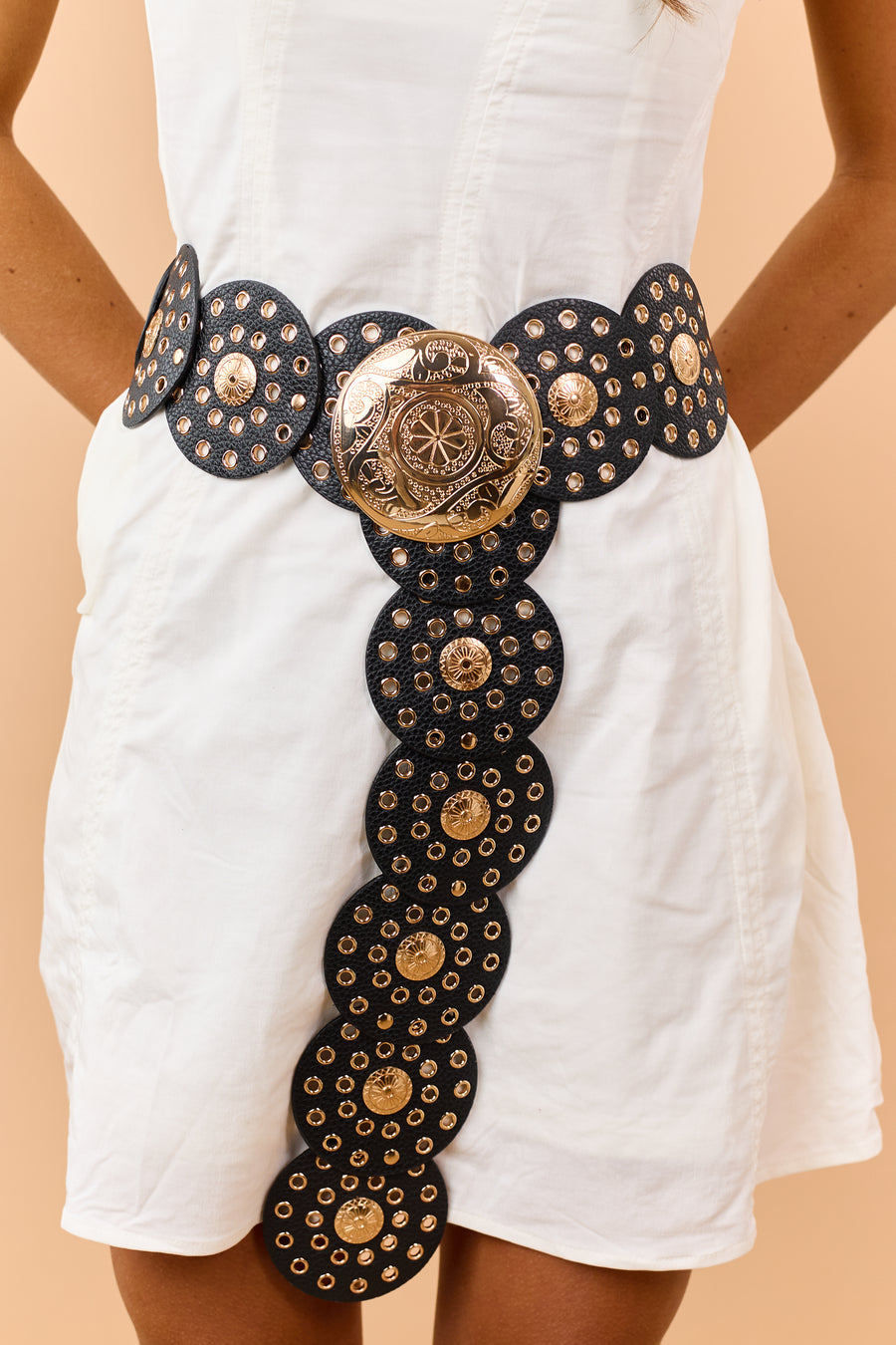Black Faux Leather Grommet Disc Belt