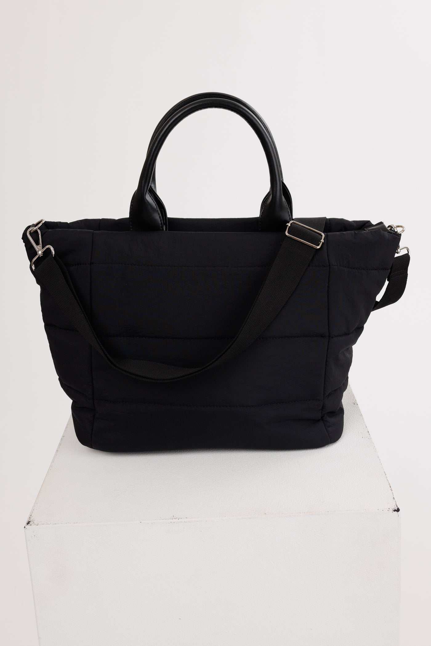 Black Faux Leather Handled Nylon Tote Bag