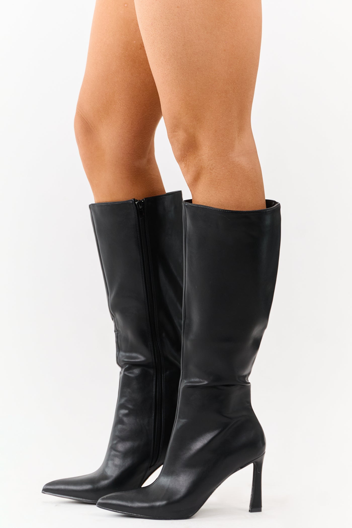 Black Faux Leather High Heel Tall Boots