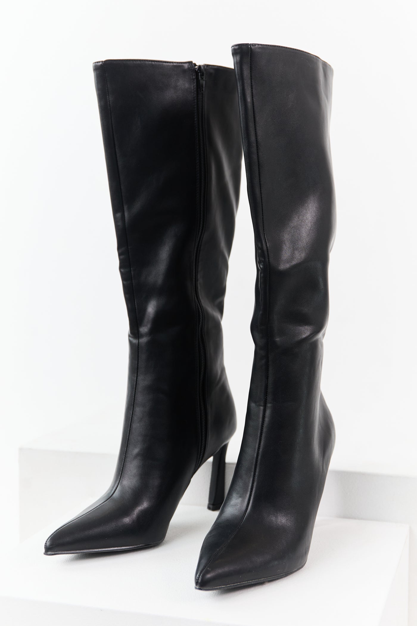 Black Faux Leather High Heel Tall Boots