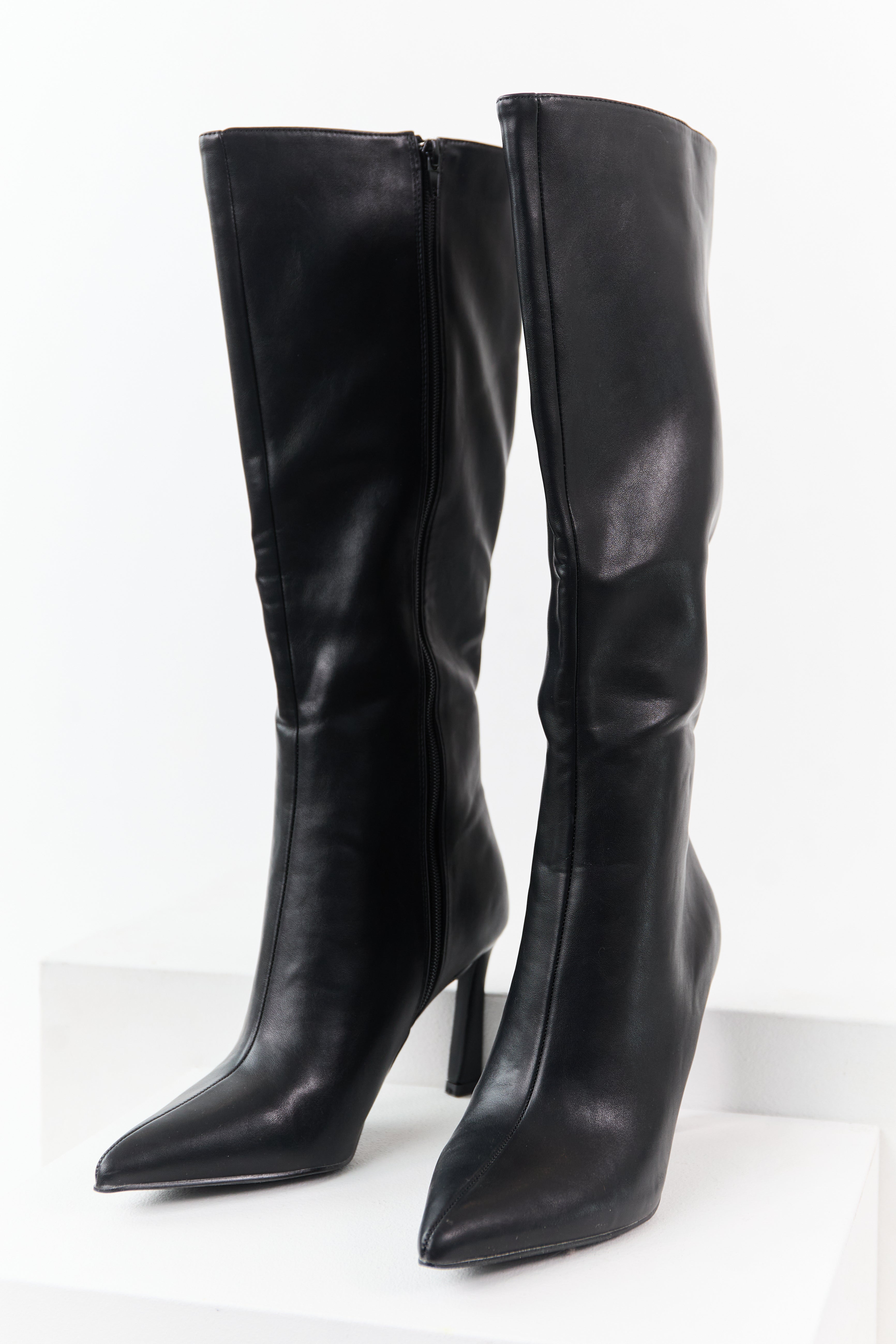 Black Faux Leather High Heel Tall Boots