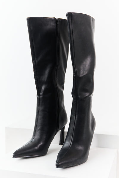 Black Faux Leather High Heel Tall Boots