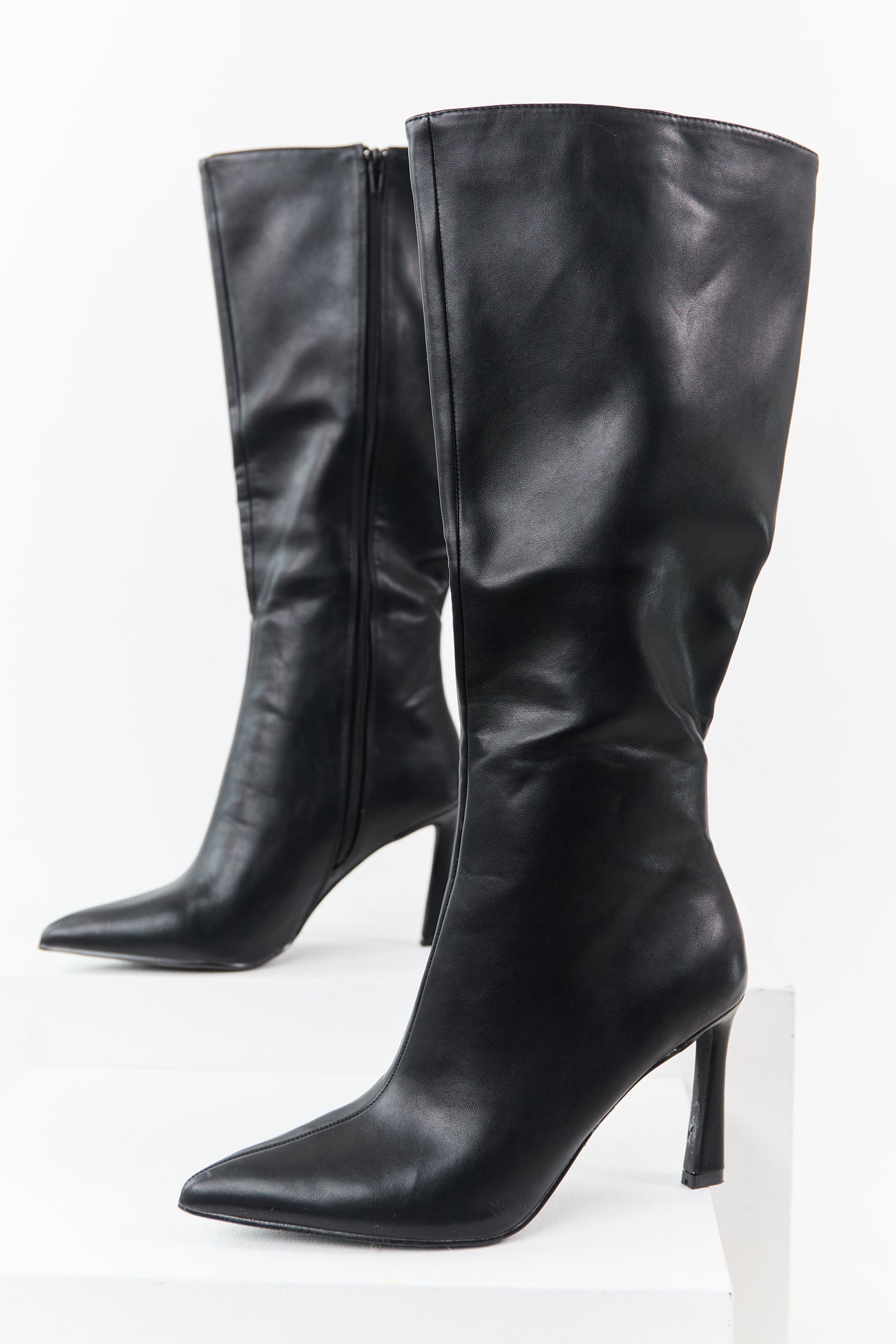 Black Faux Leather High Heel Tall Boots