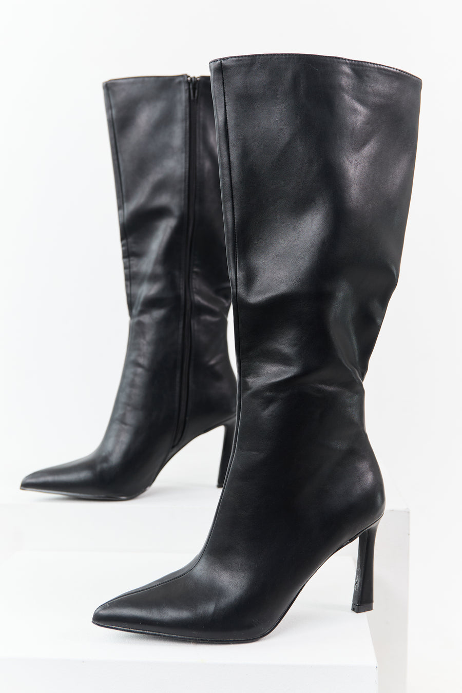 Black Faux Leather High Heel Tall Boots