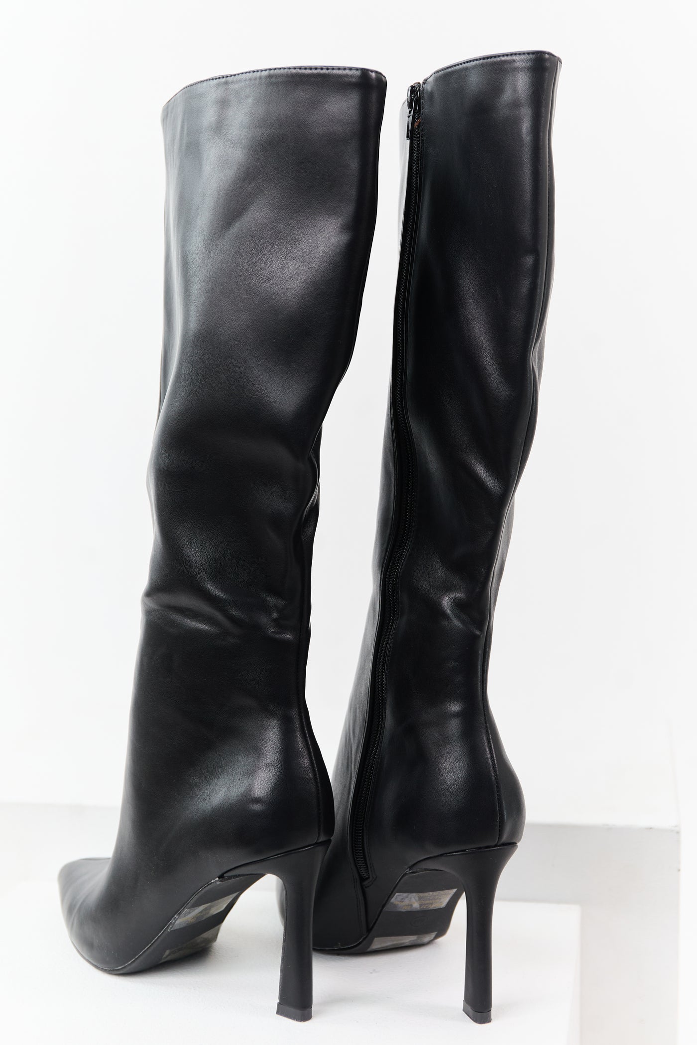 Black Faux Leather High Heel Tall Boots