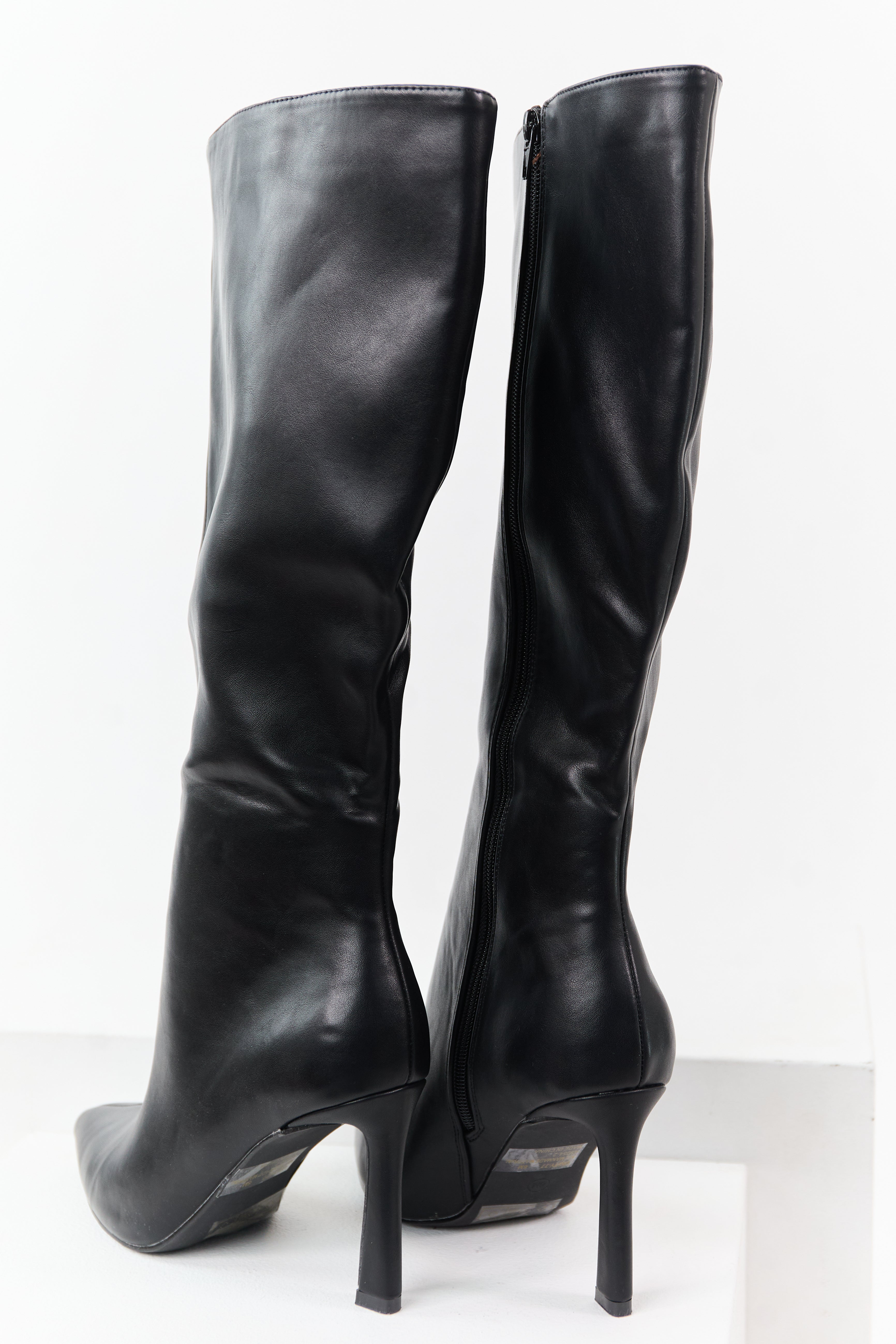 Black Faux Leather High Heel Tall Boots