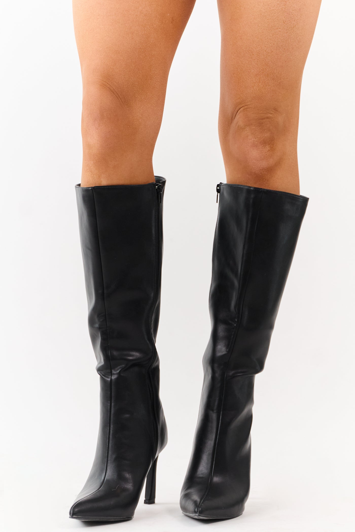 Black Faux Leather High Heel Tall Boots
