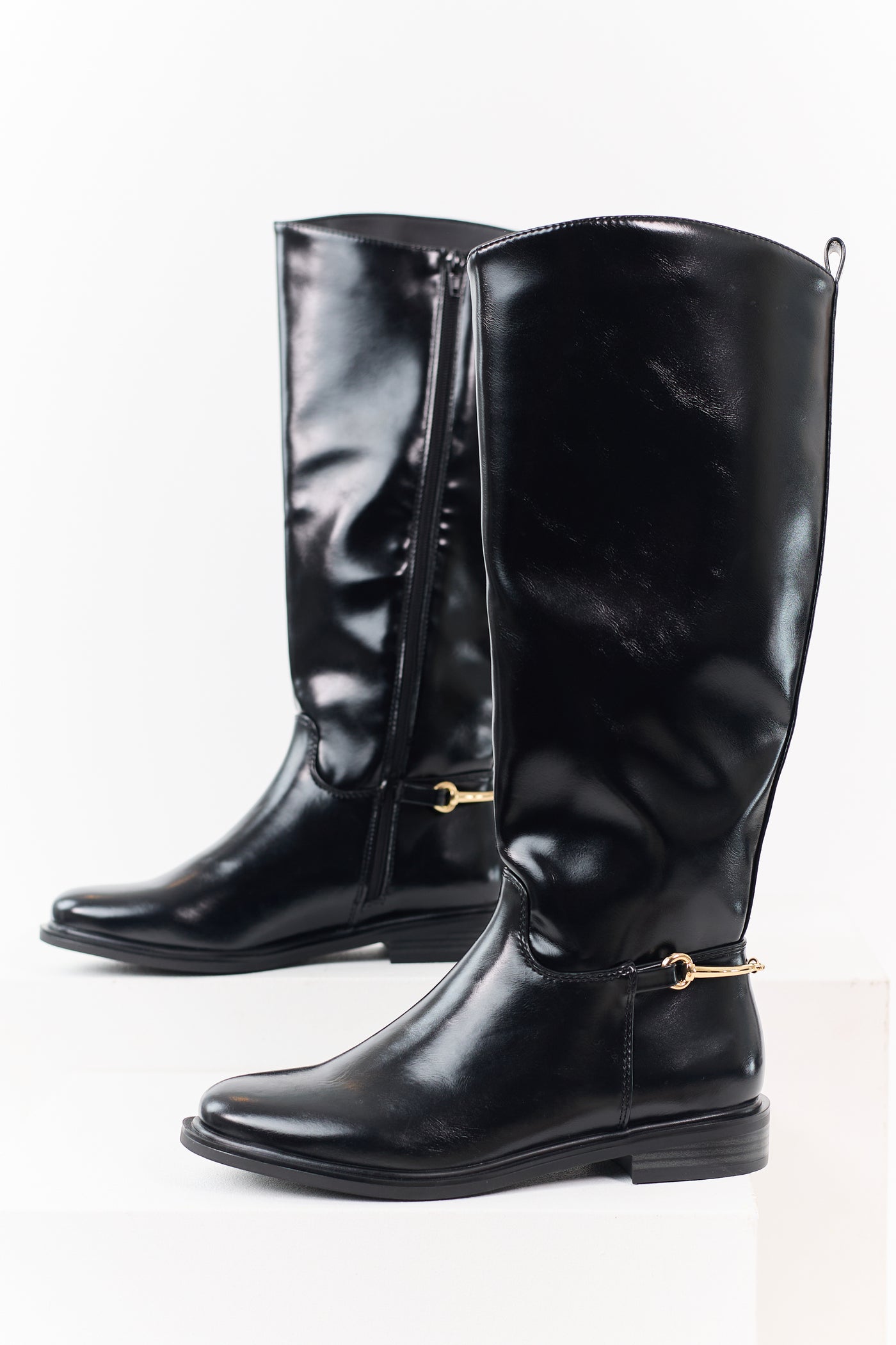 Black Faux Leather Horsebit Detail Tall Riding Boots