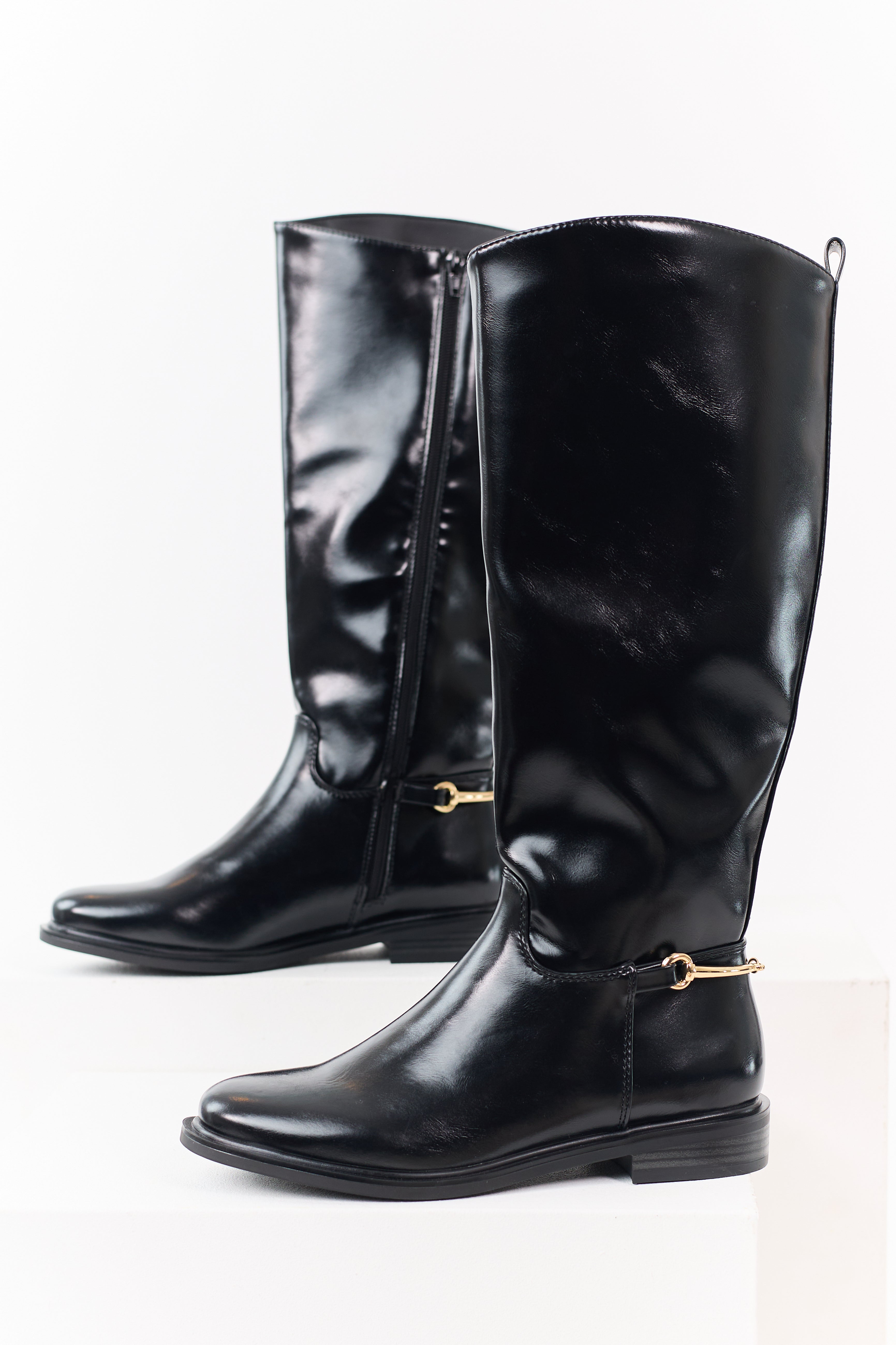 Black Faux Leather Horsebit Detail Tall Riding Boots
