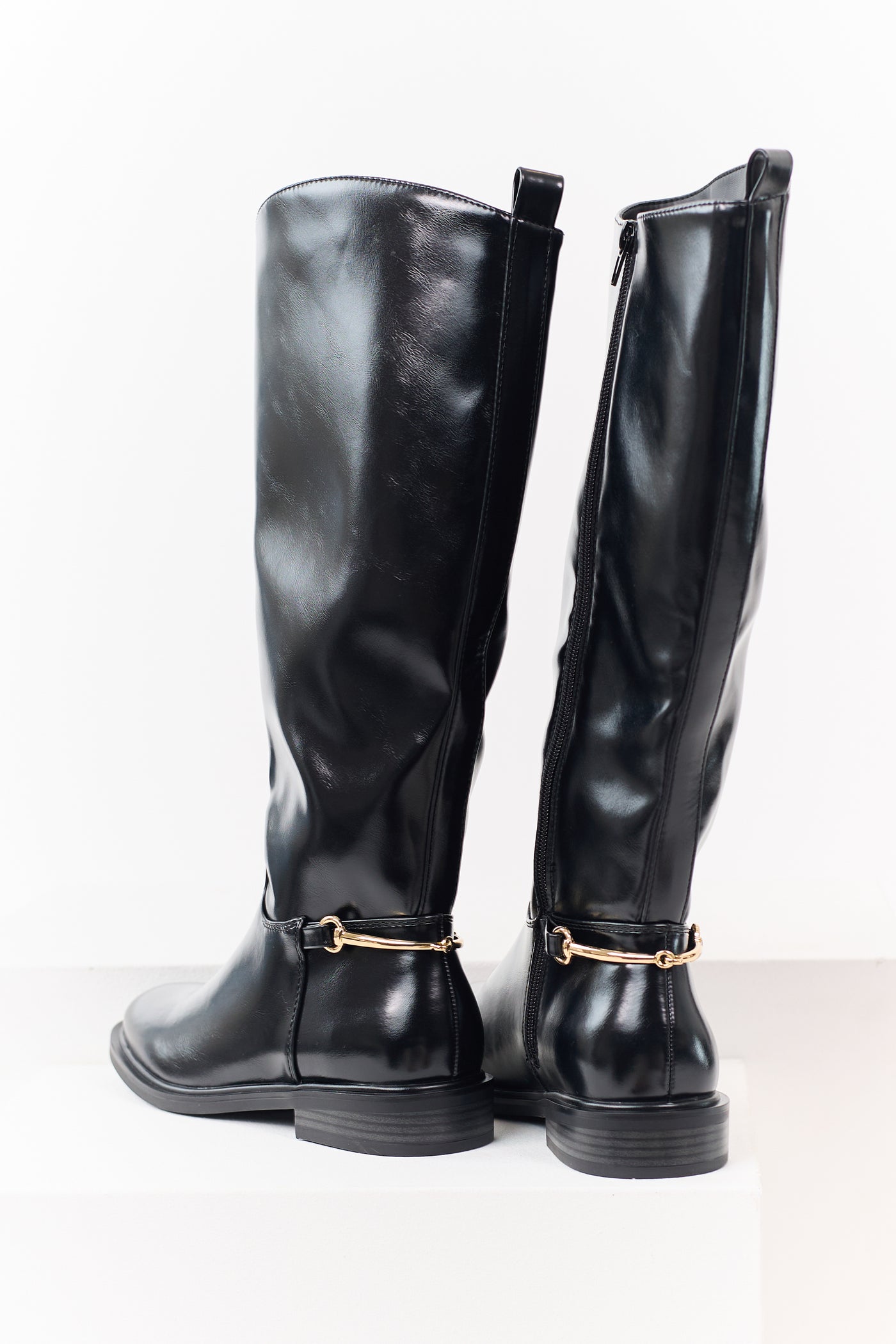 Black Faux Leather Horsebit Detail Tall Riding Boots