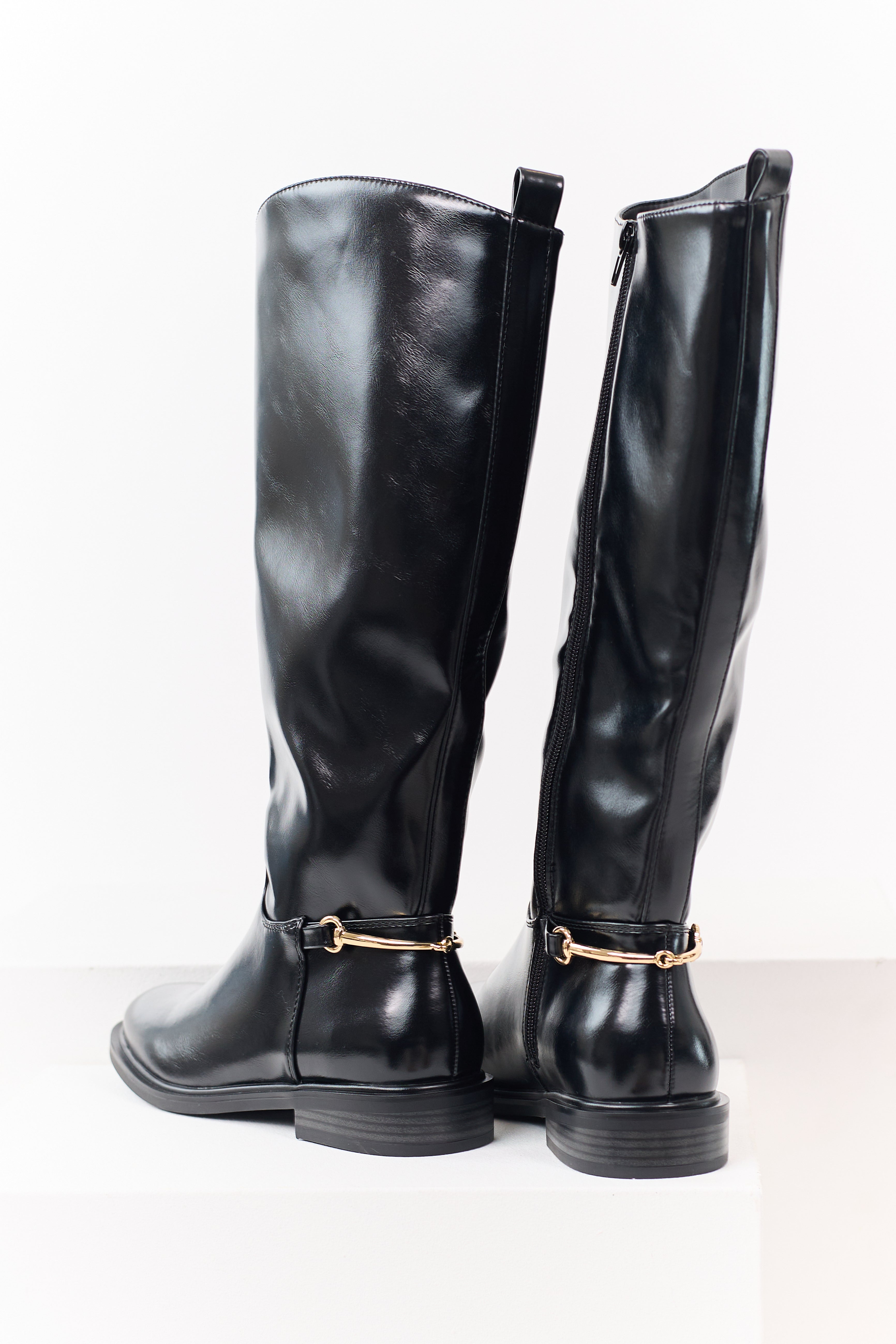 Black Faux Leather Horsebit Detail Tall Riding Boots