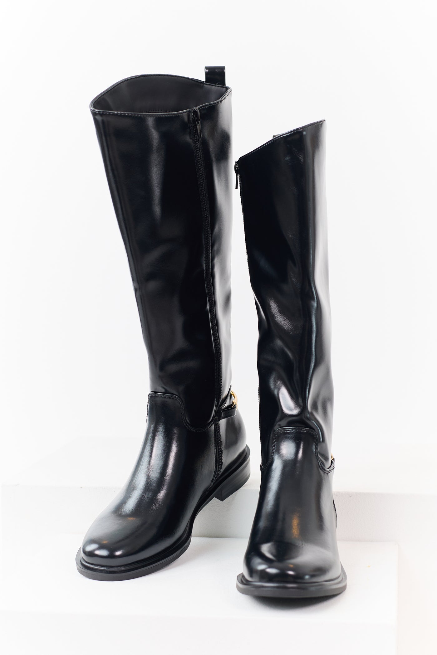 Black Faux Leather Horsebit Detail Tall Riding Boots