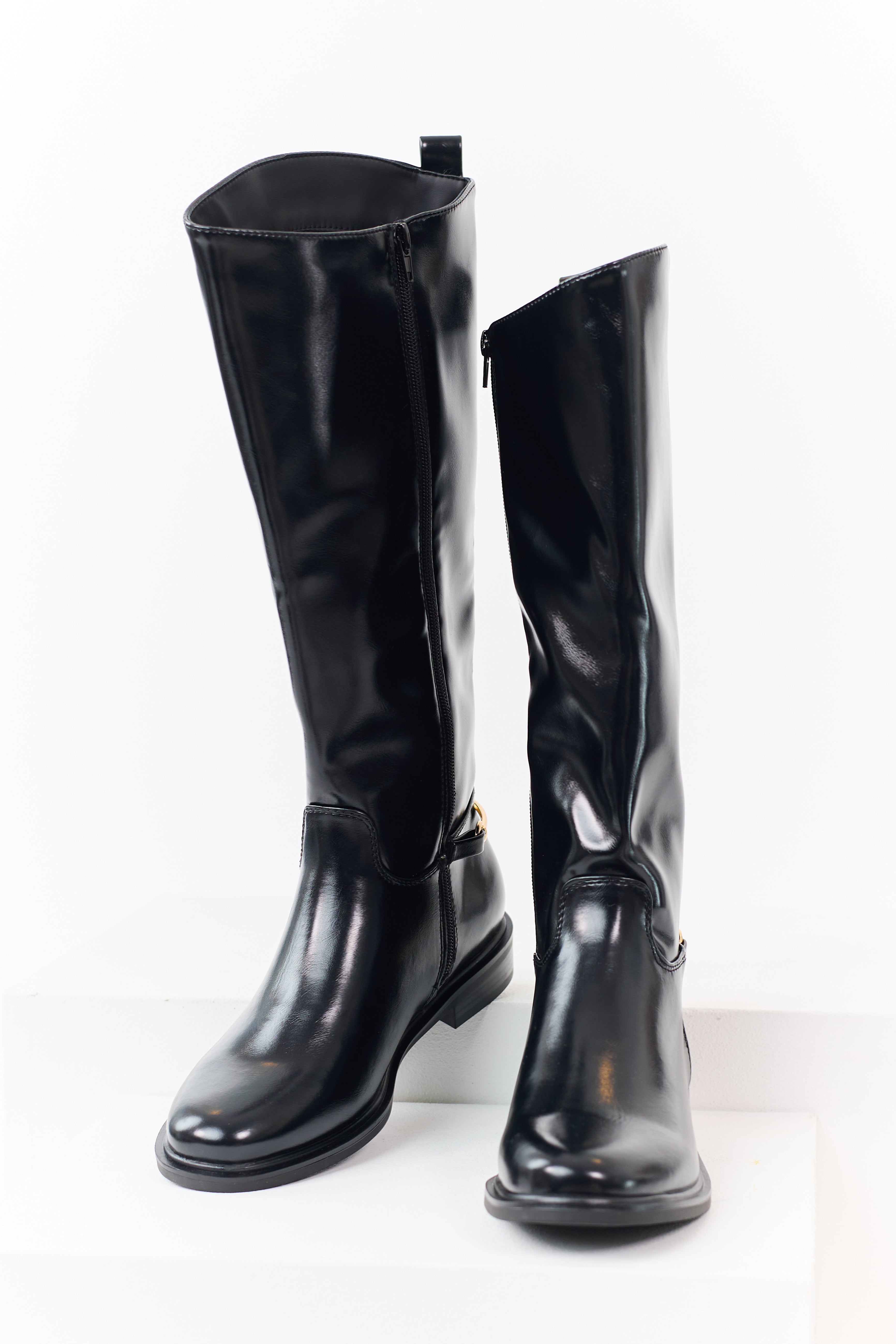 Black Faux Leather Horsebit Detail Tall Riding Boots