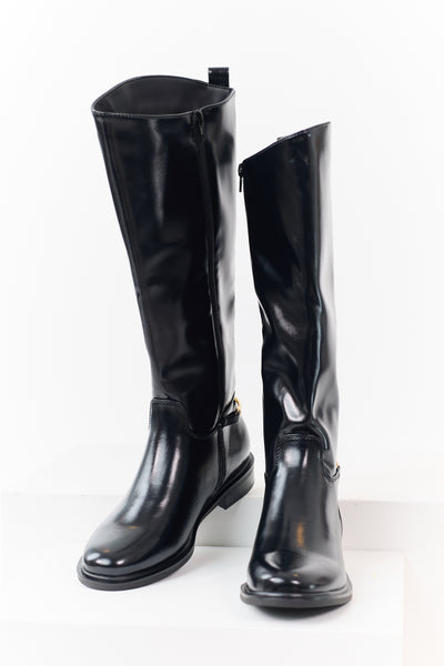 Black Faux Leather Horsebit Detail Tall Riding Boots