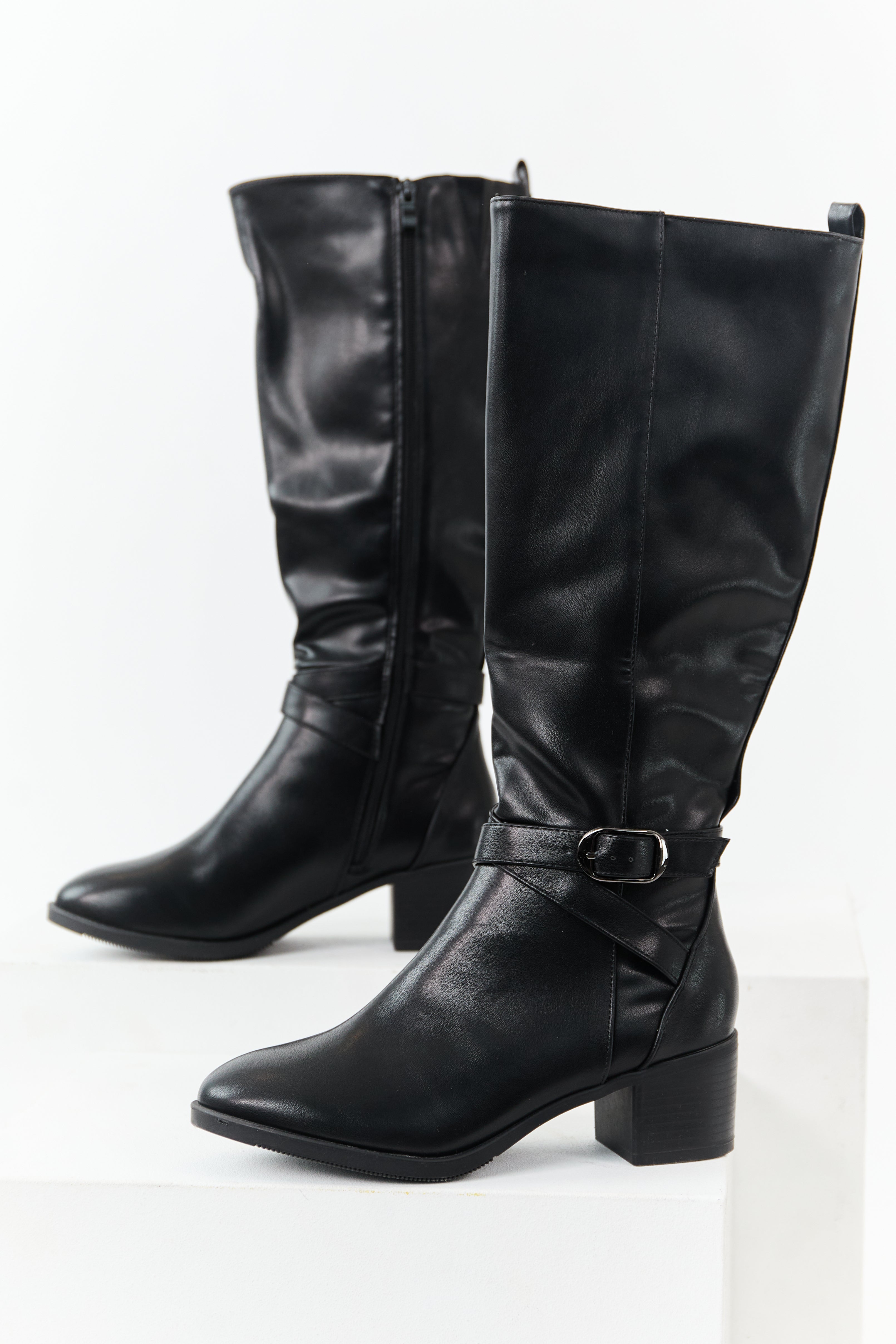 Black Faux Leather Knee High Block Heel Boots