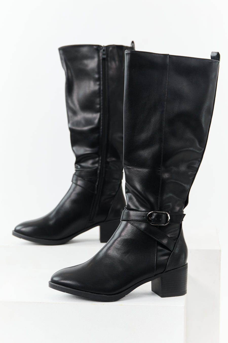 Black Faux Leather Knee High Block Heel Boots