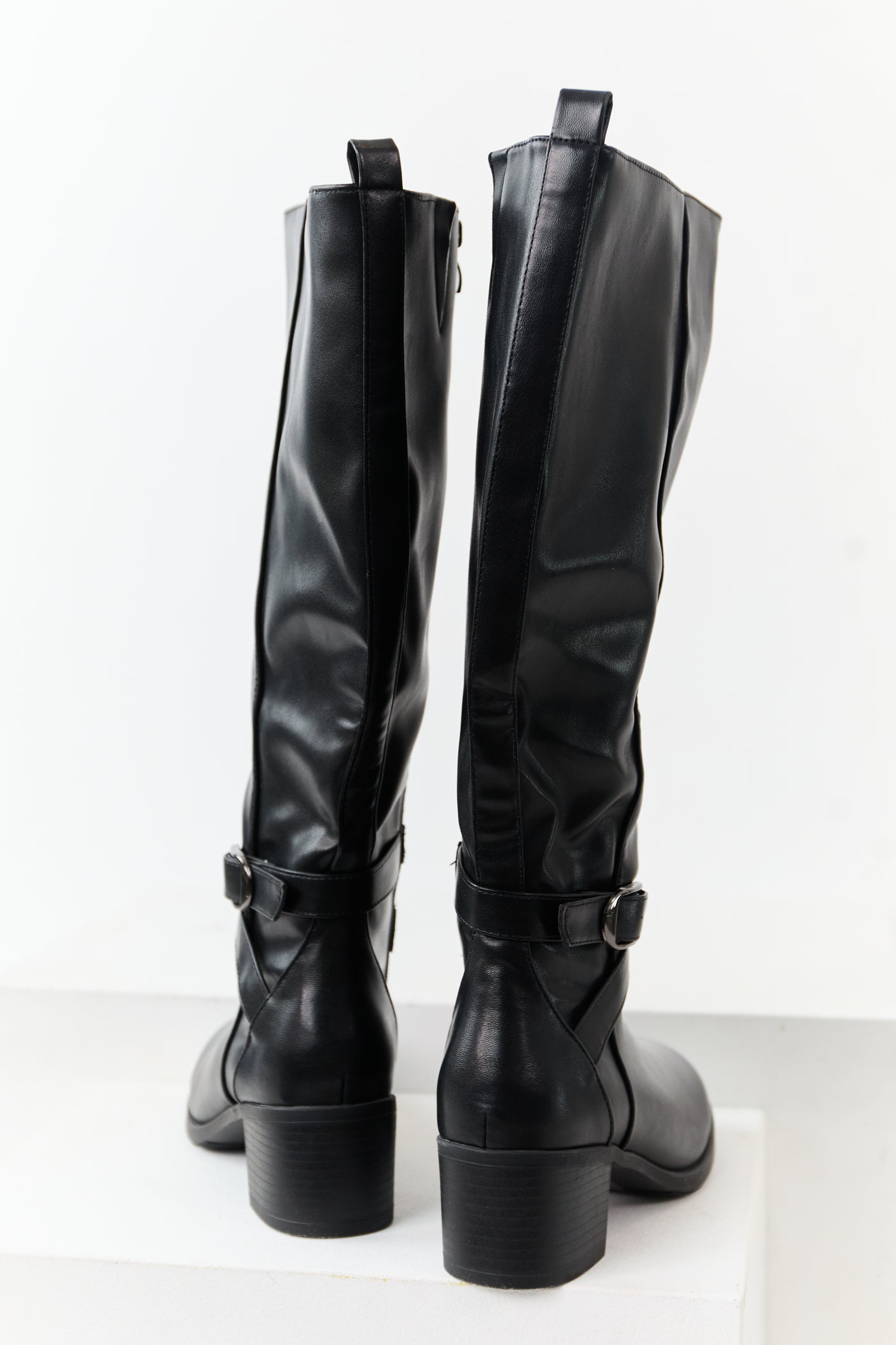 Black Faux Leather Knee High Block Heel Boots