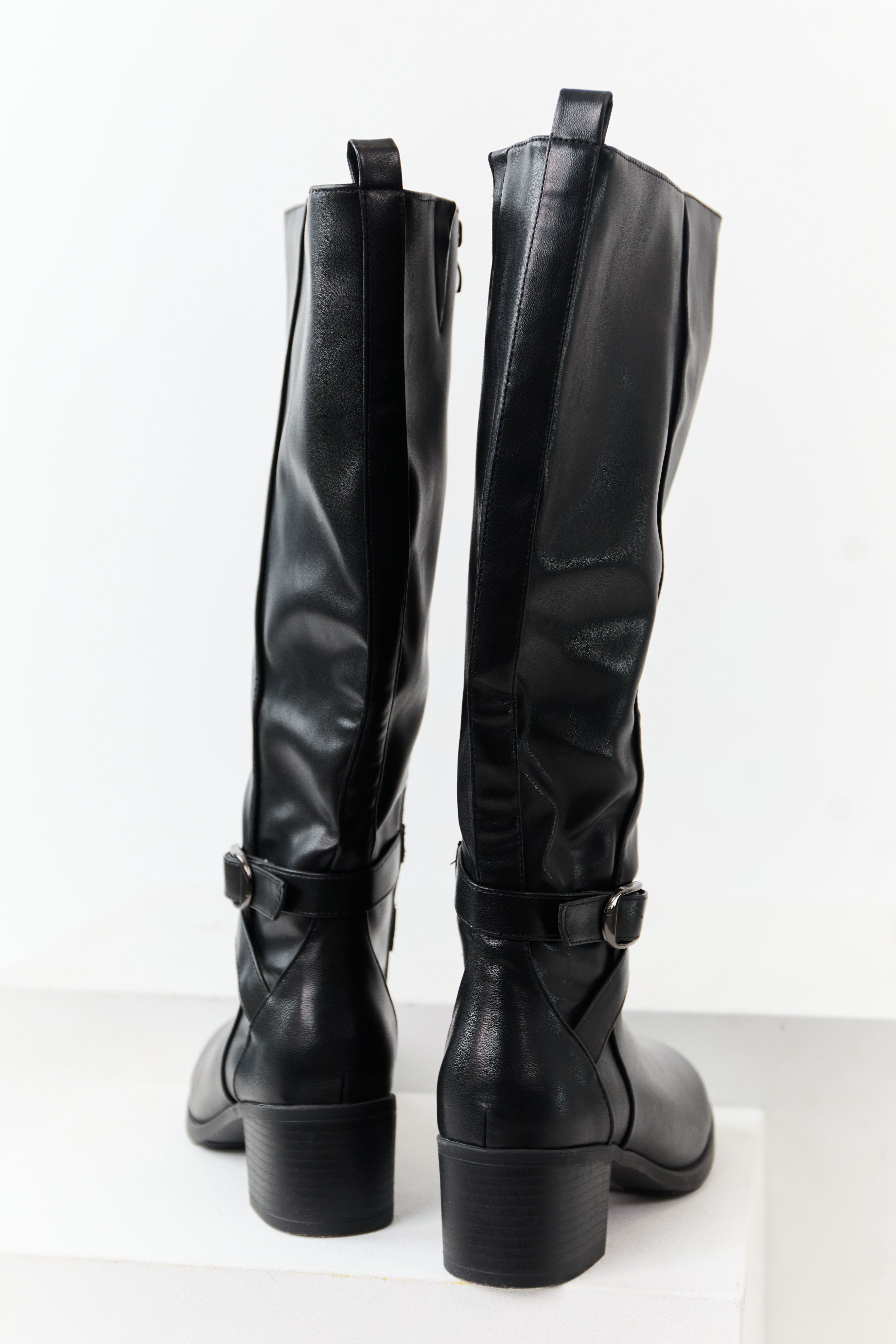 Black Faux Leather Knee High Block Heel Boots