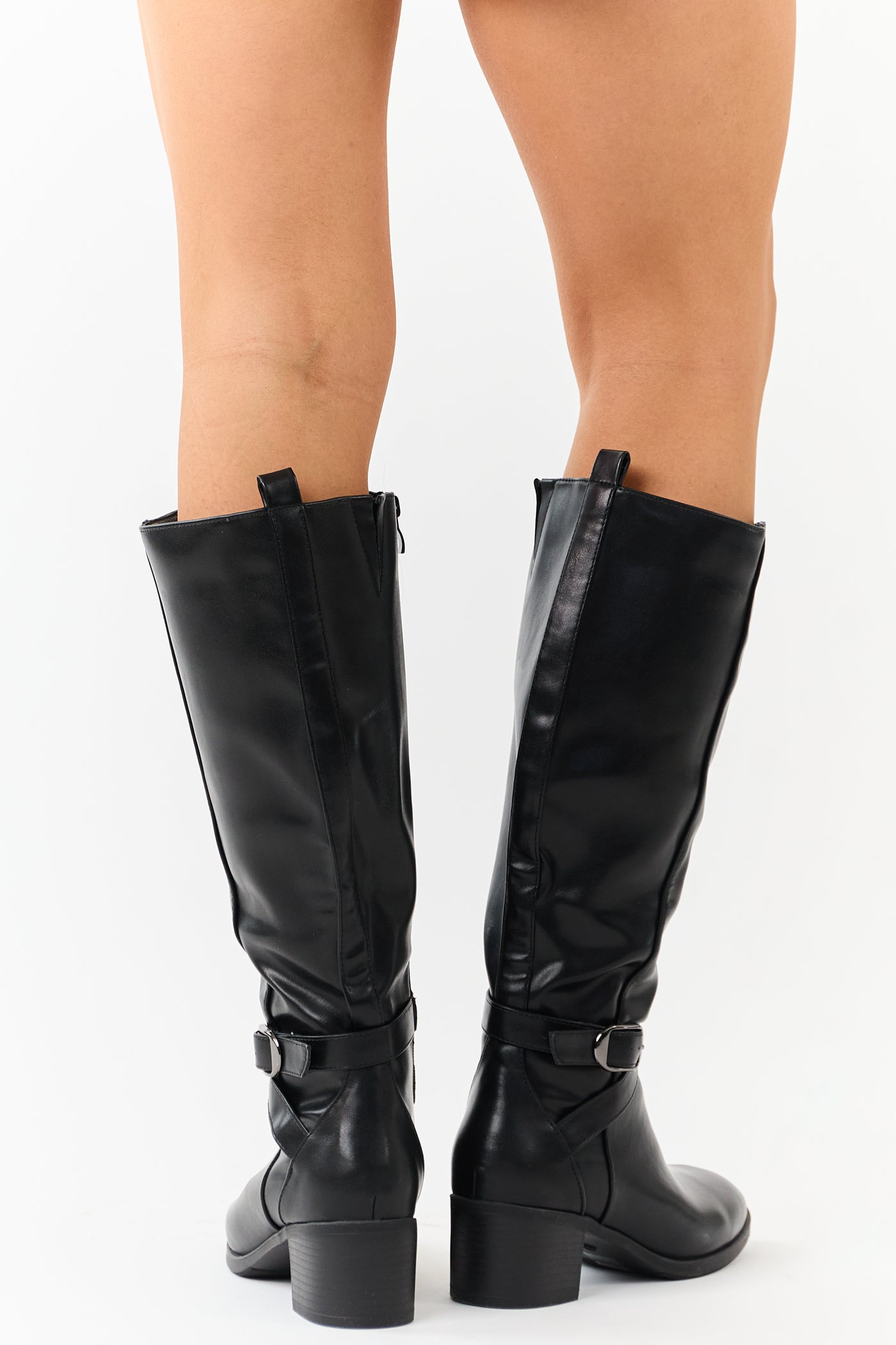 Black Faux Leather Knee High Block Heel Boots