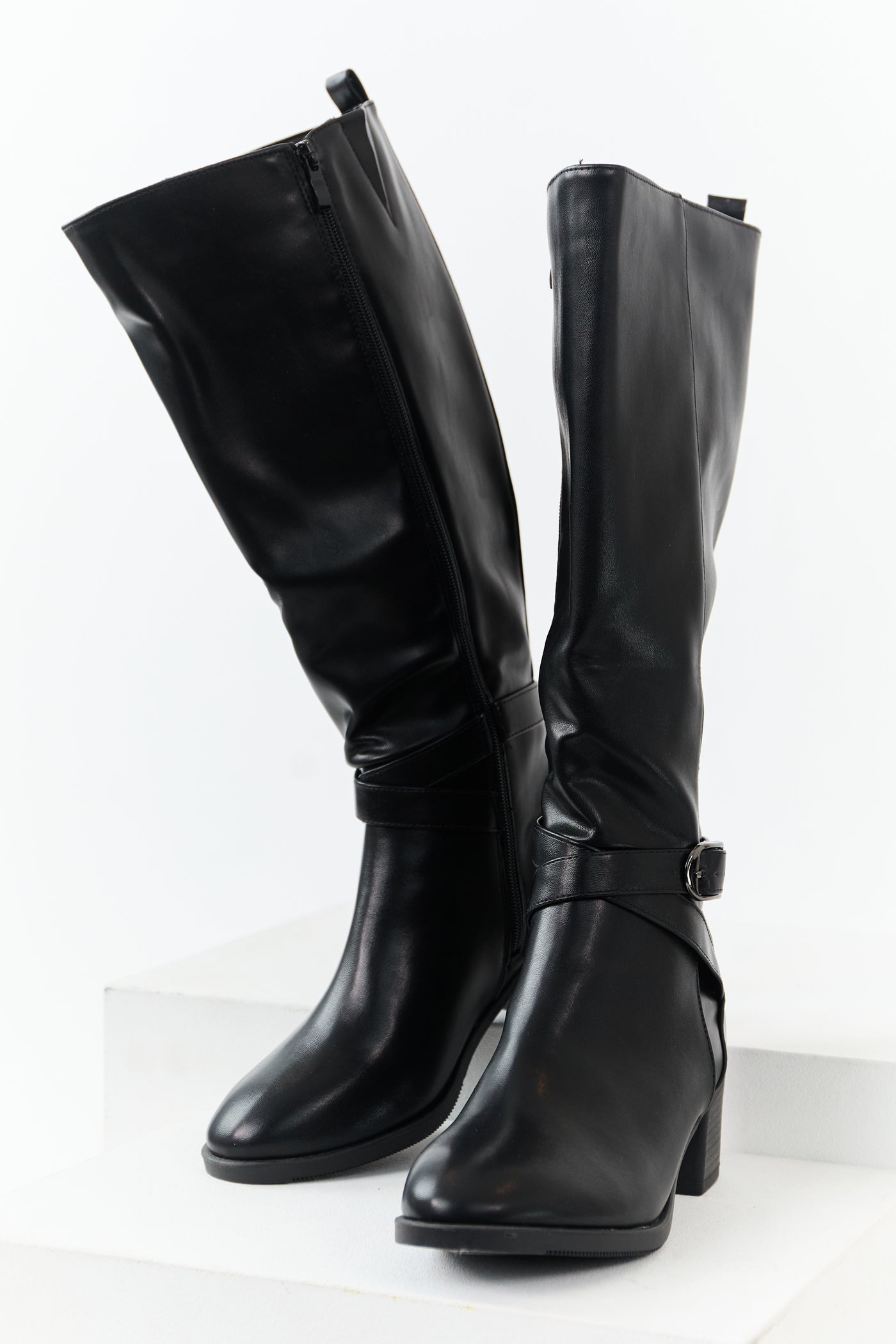 Black Faux Leather Knee High Block Heel Boots