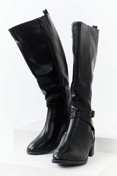 Black Faux Leather Knee High Block Heel Boots