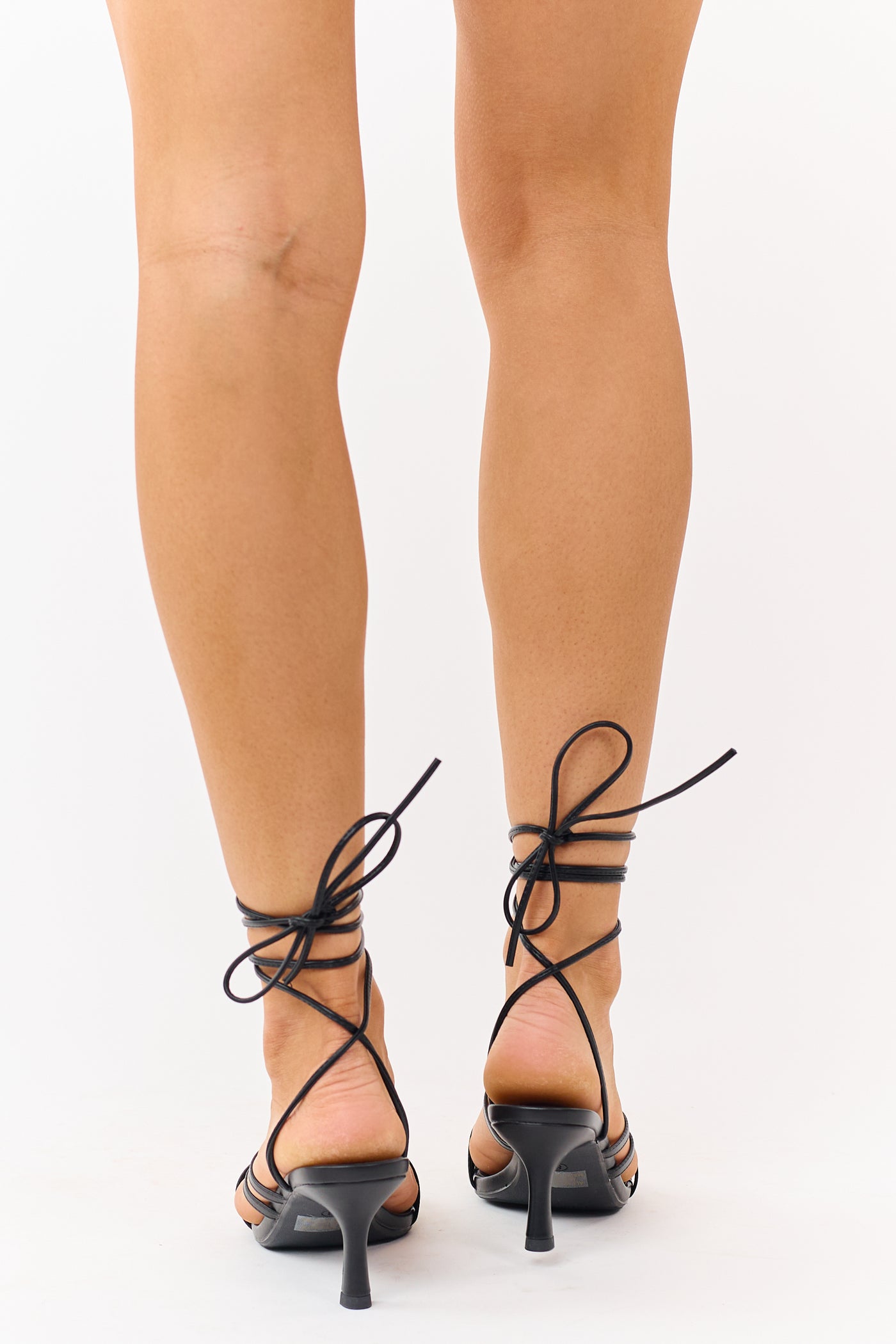 Black Faux Leather Lace Up Ankle Tie Kitten Heels