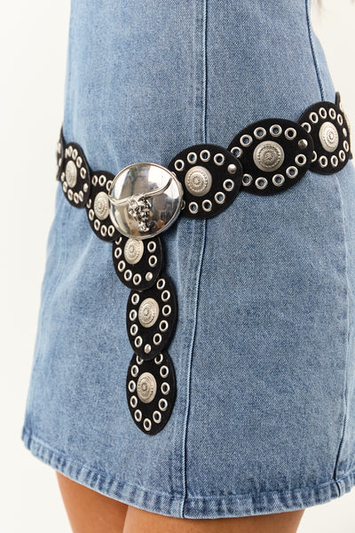 Black Faux Leather Longhorn Buckle Concho Disc Belt