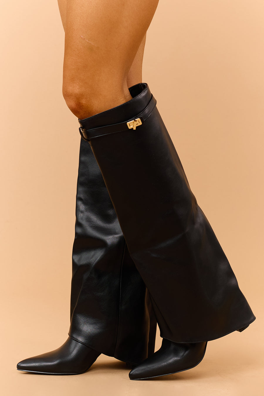Black Faux Leather Overlay Knee High Boots