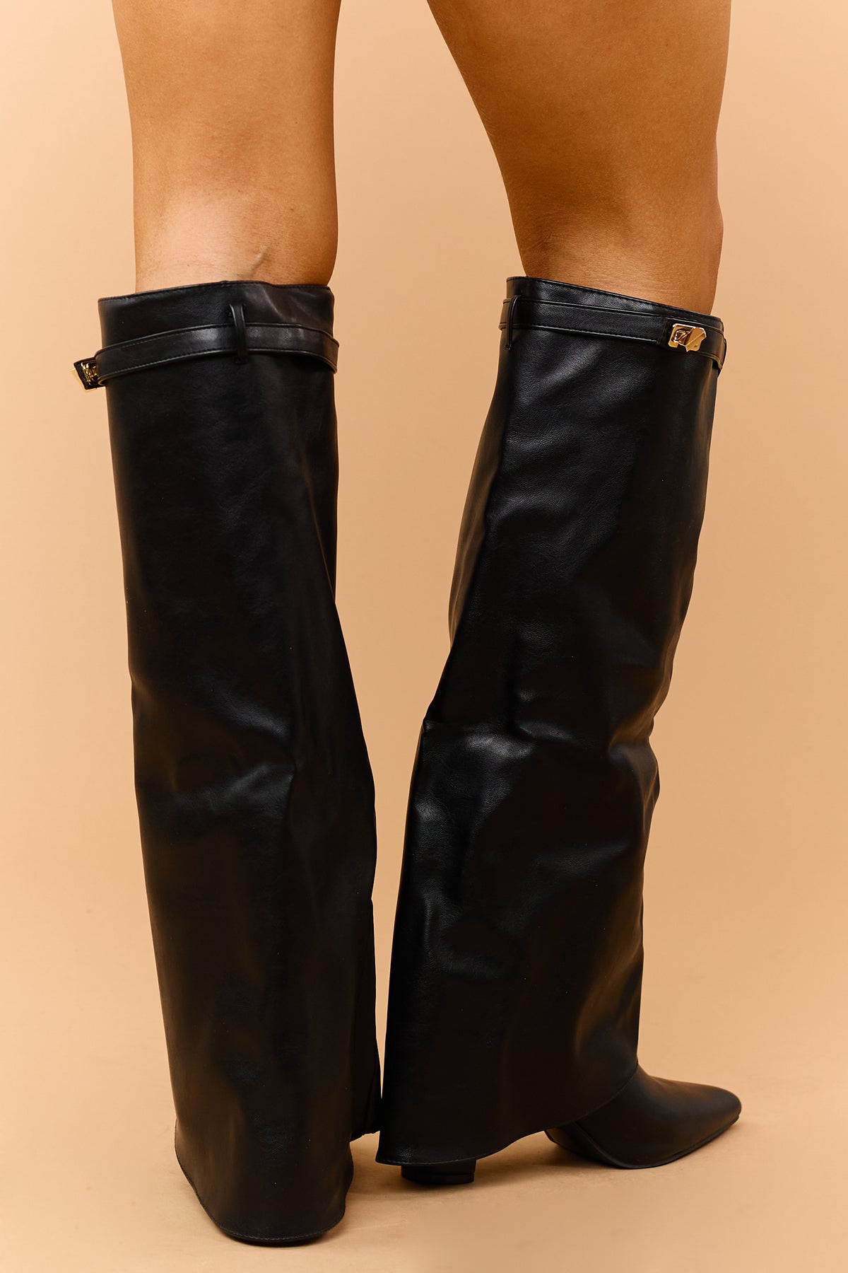 Black Faux Leather Overlay Knee High Boots