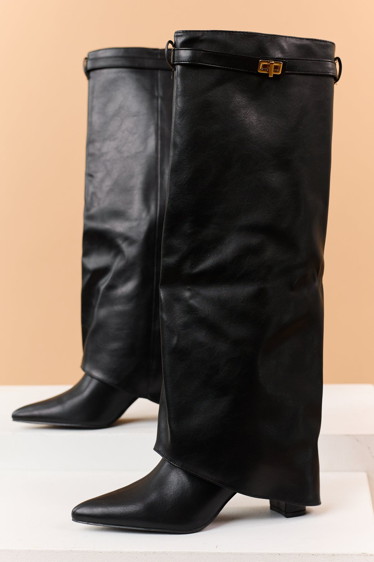 Black Faux Leather Overlay Knee High Boots