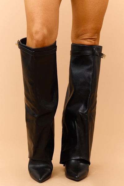 Black Faux Leather Overlay Knee High Boots
