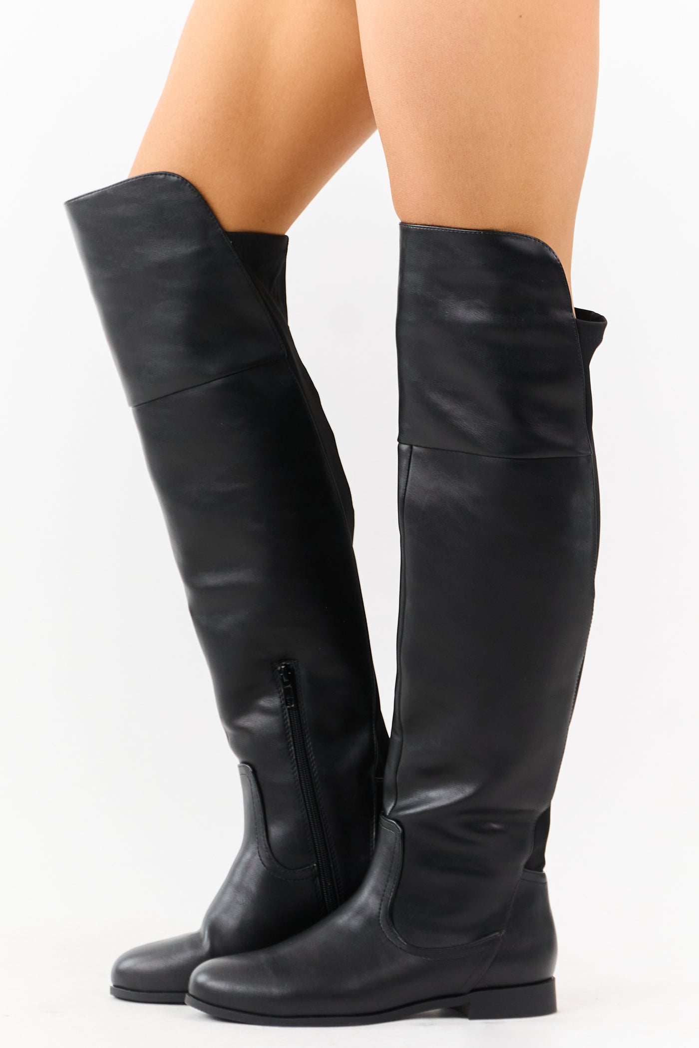 Black Faux Leather Over the Knee Round Toe Boots