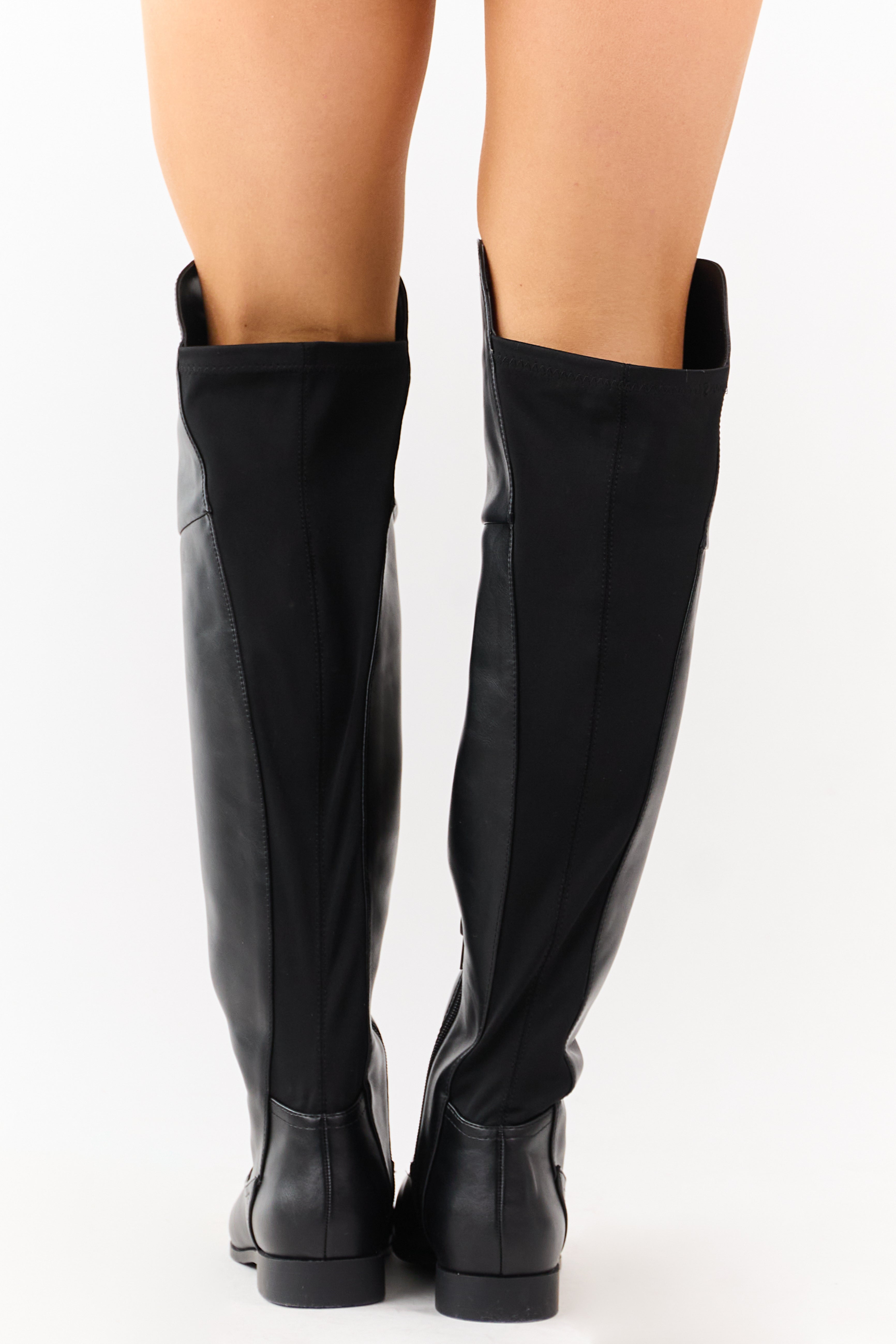 Black Faux Leather Over the Knee Round Toe Boots