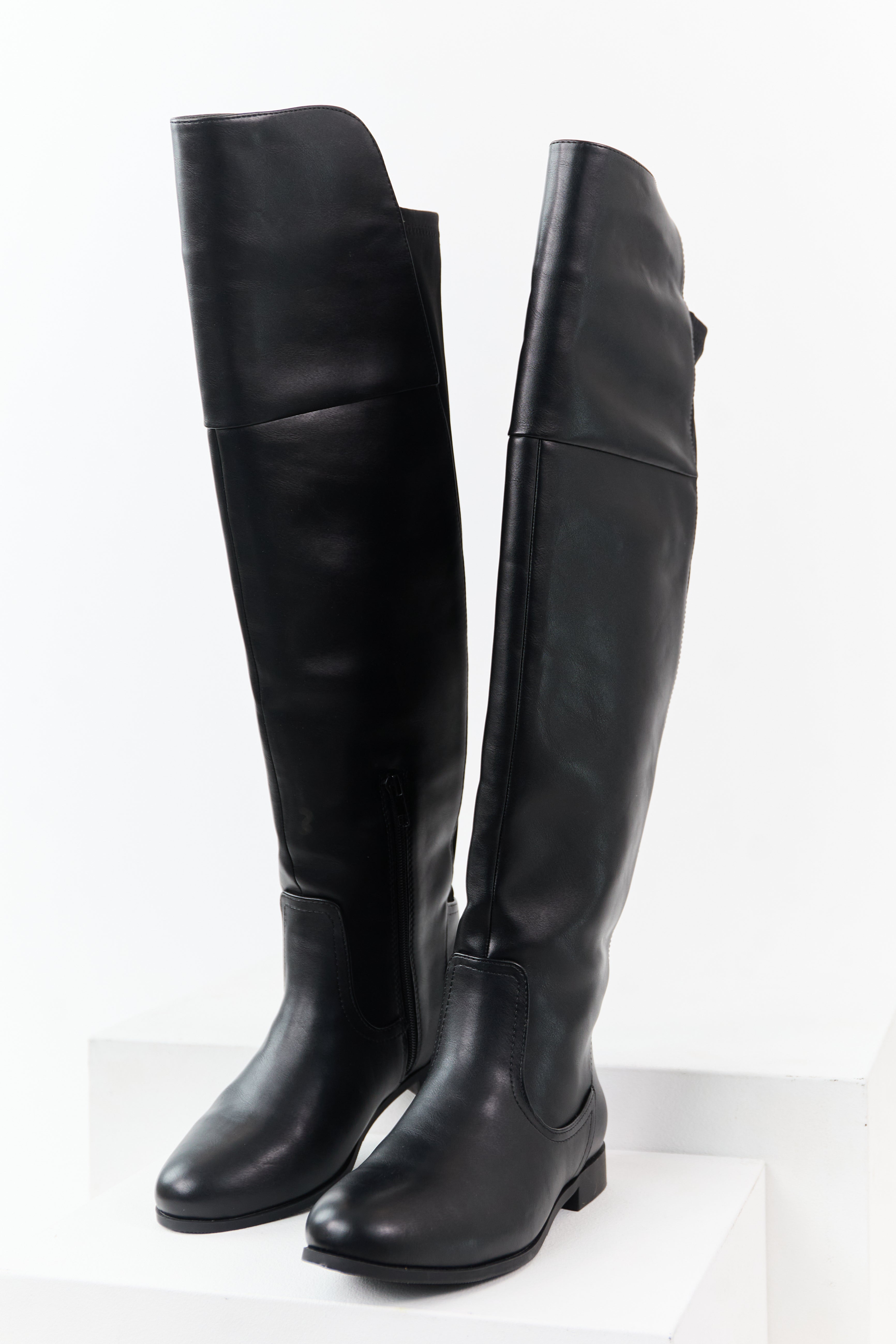 Black Faux Leather Over the Knee Round Toe Boots