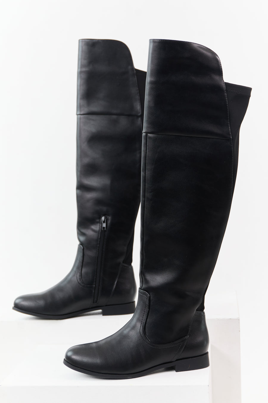 Black Faux Leather Over the Knee Round Toe Boots