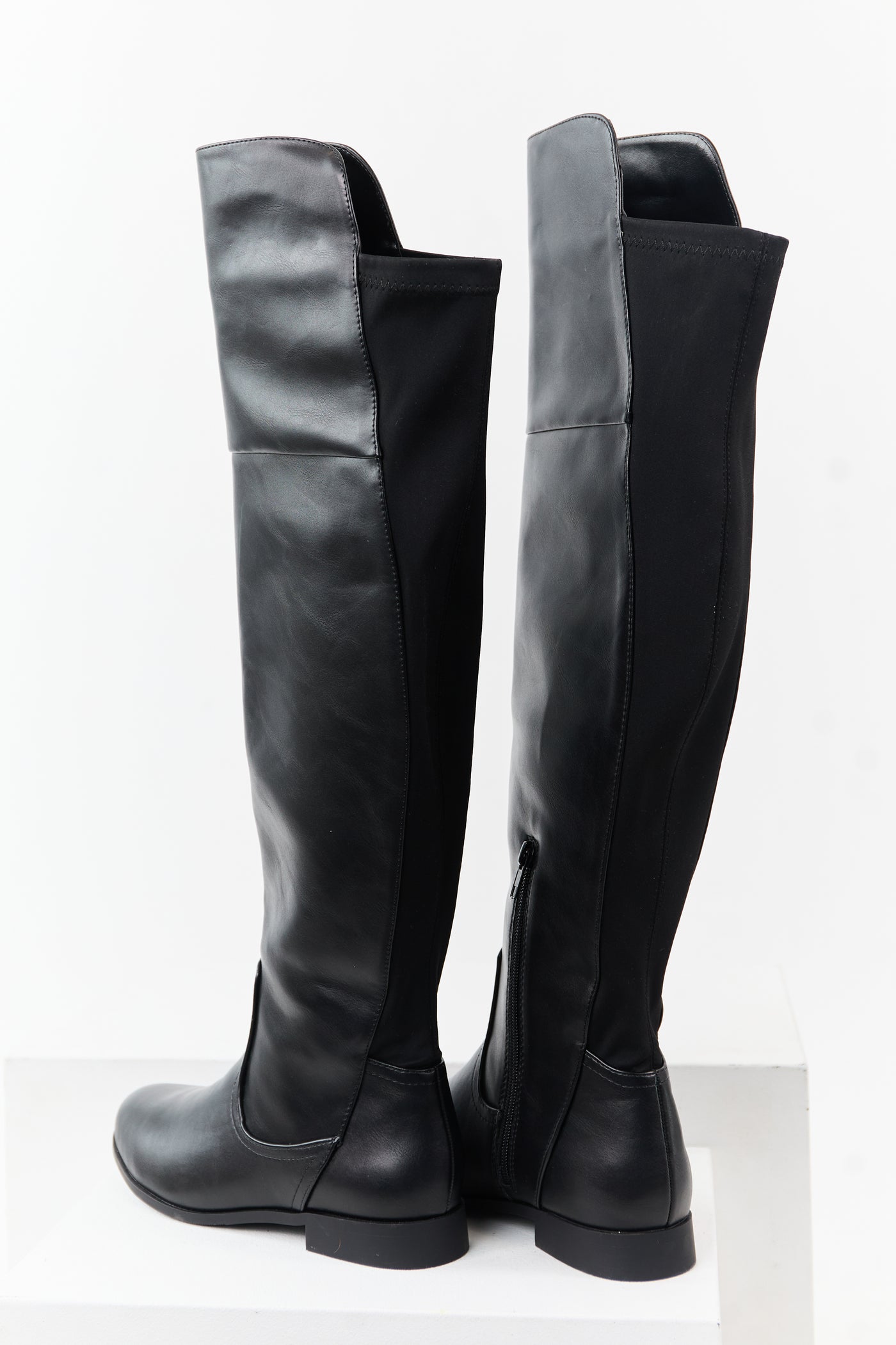 Black Faux Leather Over the Knee Round Toe Boots
