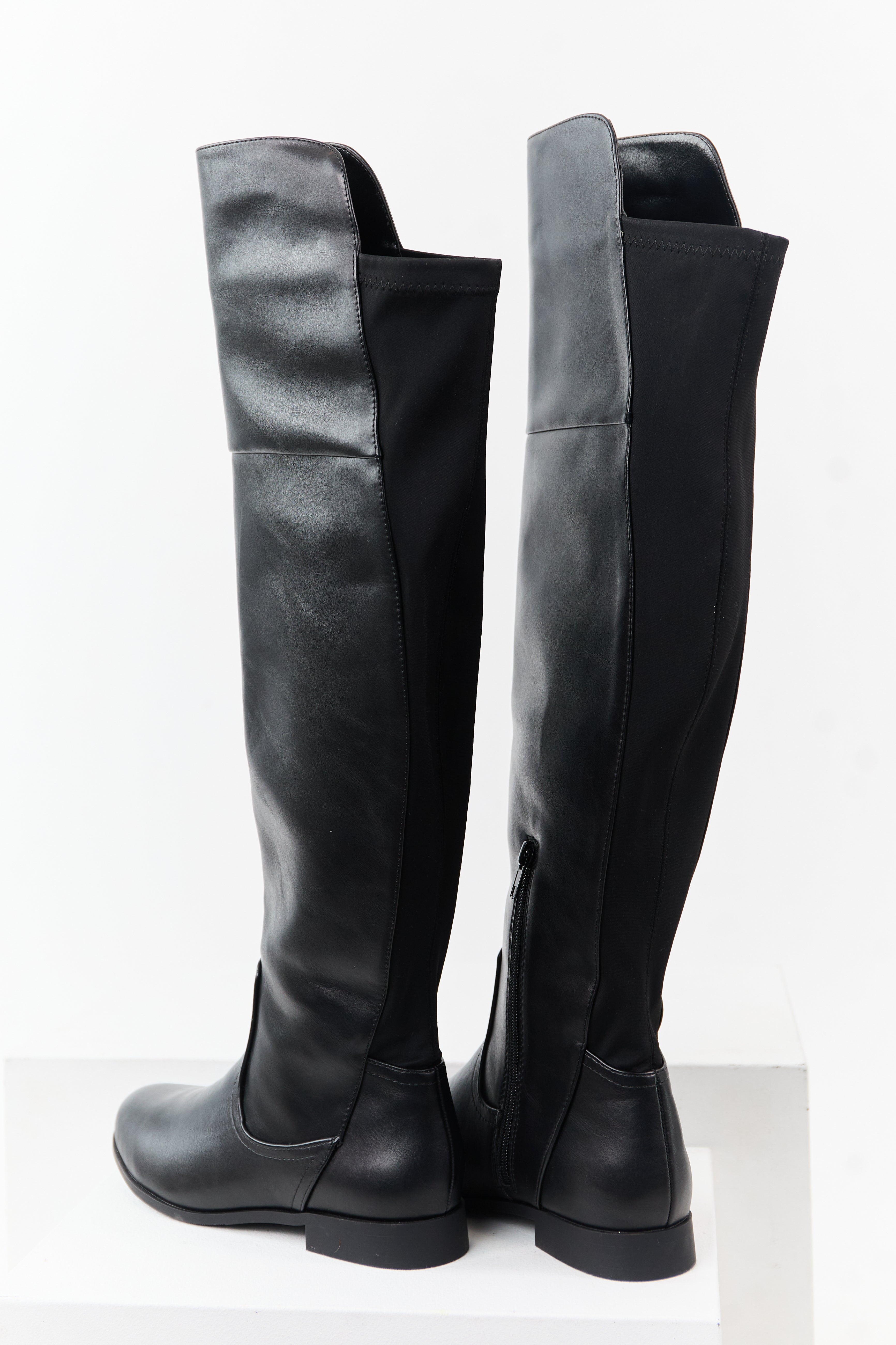 Black Faux Leather Over the Knee Round Toe Boots