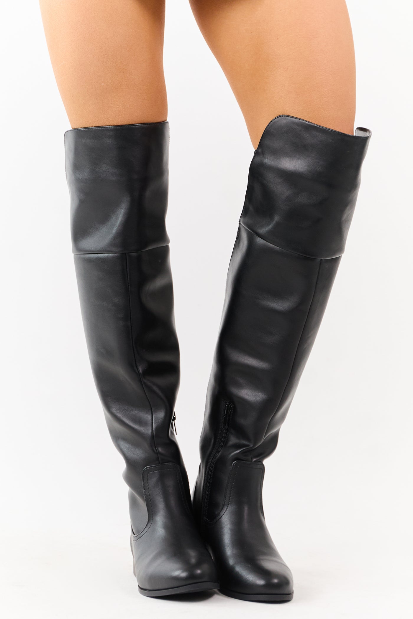Black Faux Leather Over the Knee Round Toe Boots