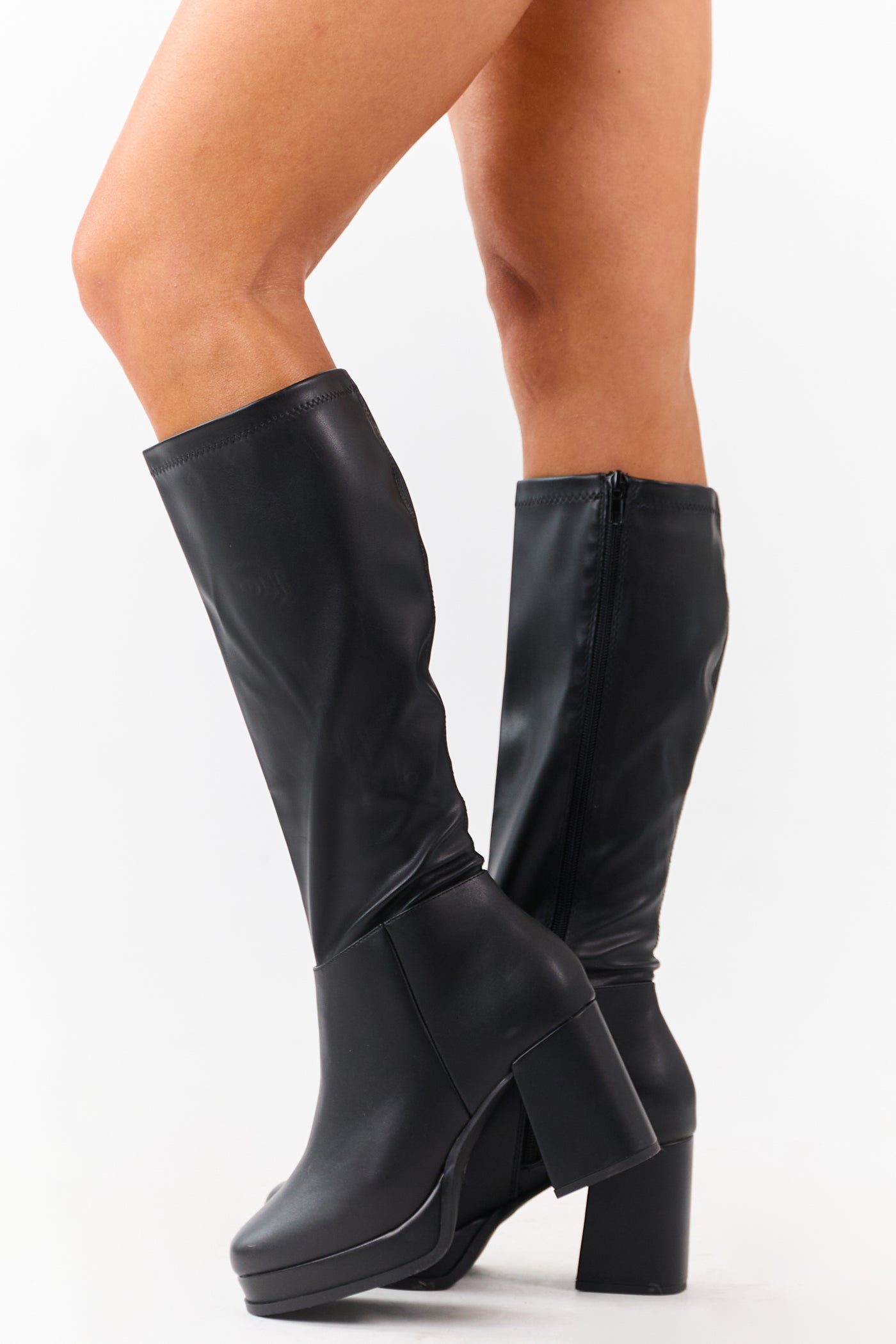 Black Faux Leather Platform Block Heel Boots