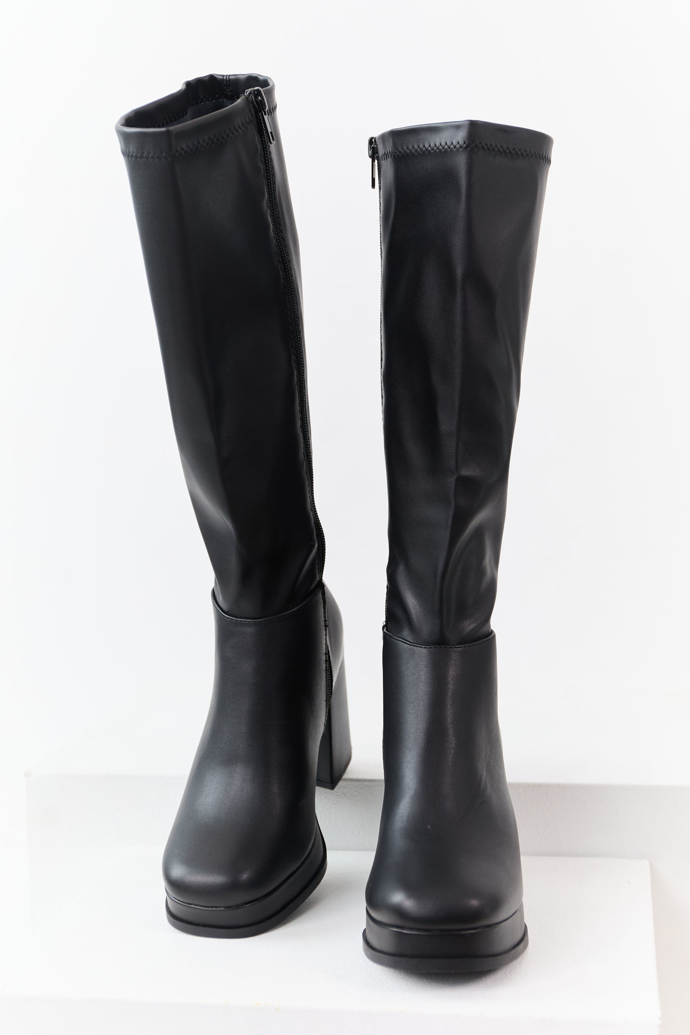 Black Faux Leather Platform Block Heel Boots