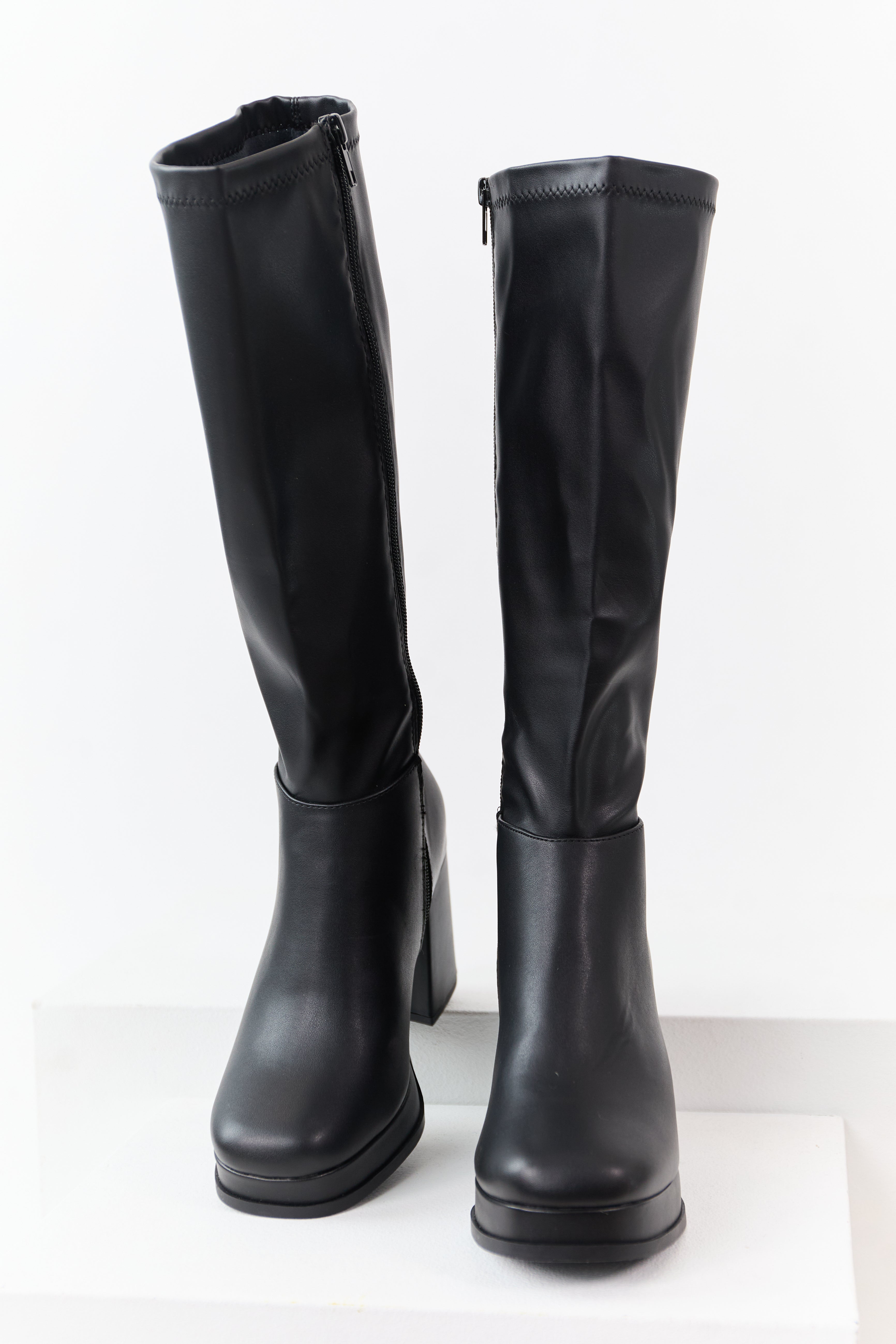 Black Faux Leather Platform Block Heel Boots