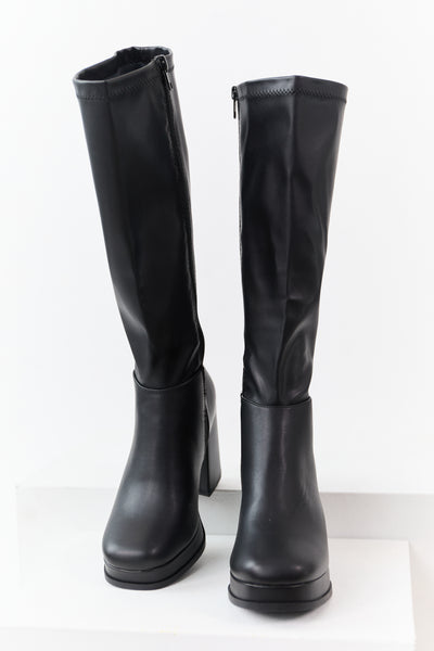 Black Faux Leather Platform Block Heel Boots
