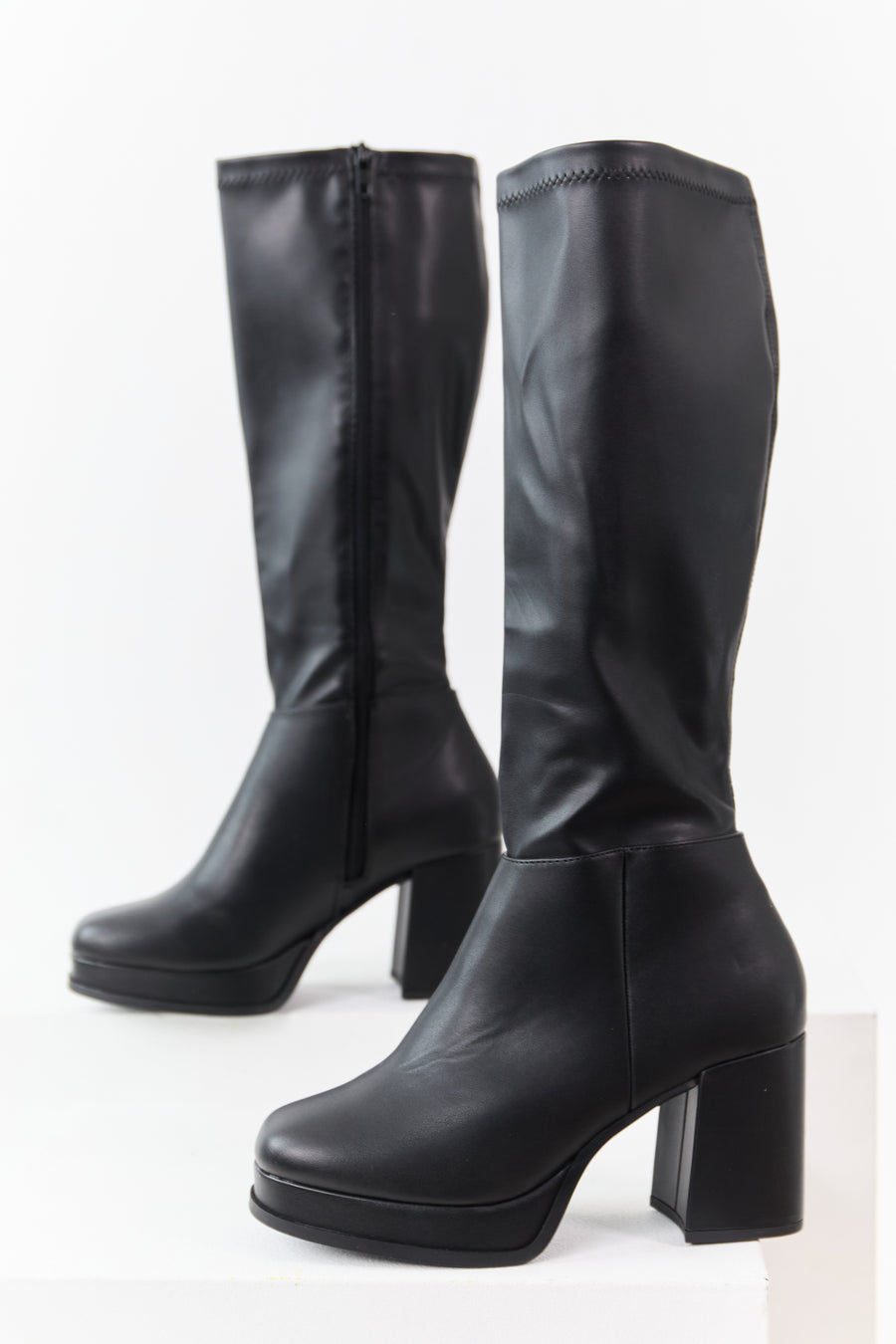 Black Faux Leather Platform Block Heel Boots