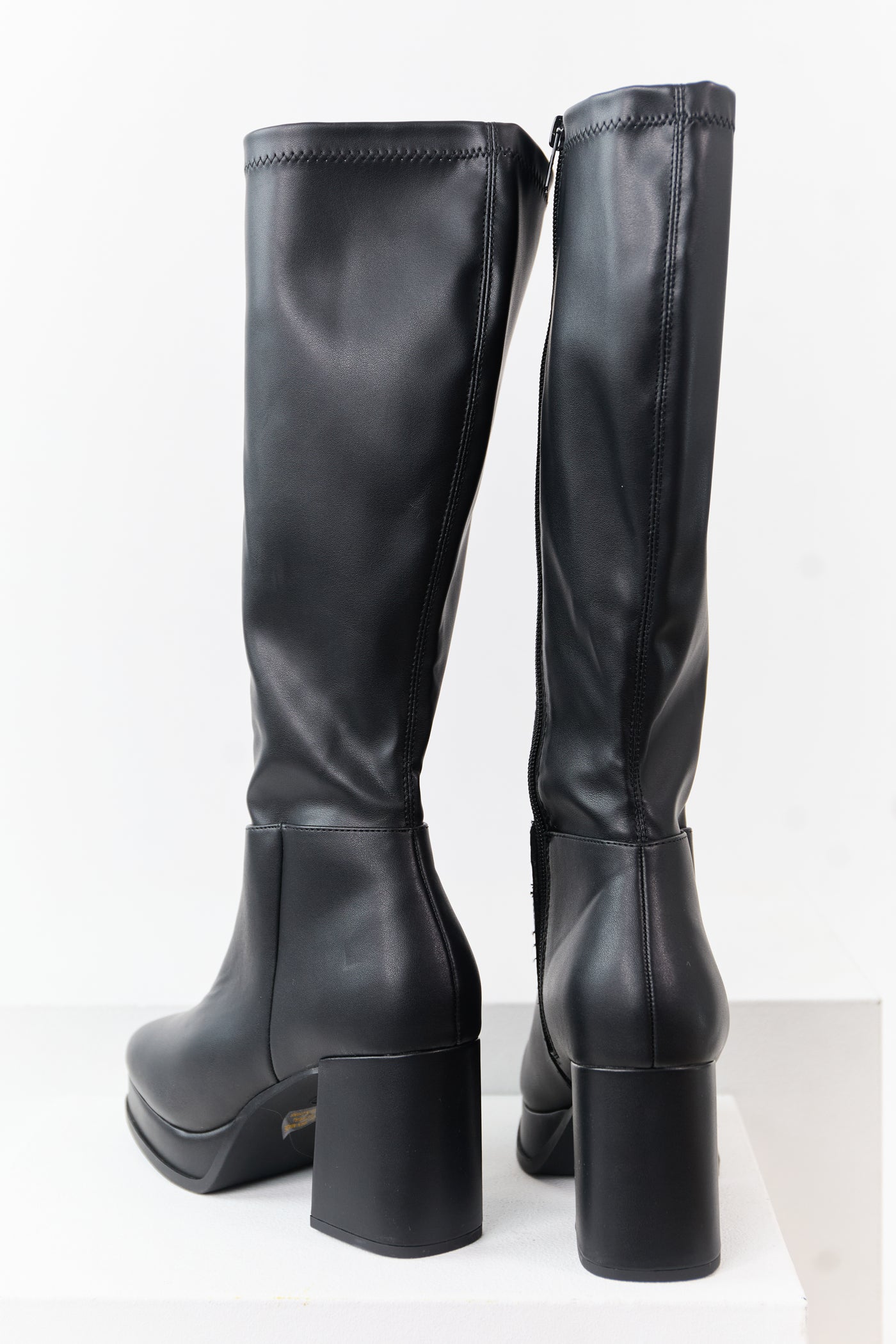 Black Faux Leather Platform Block Heel Boots