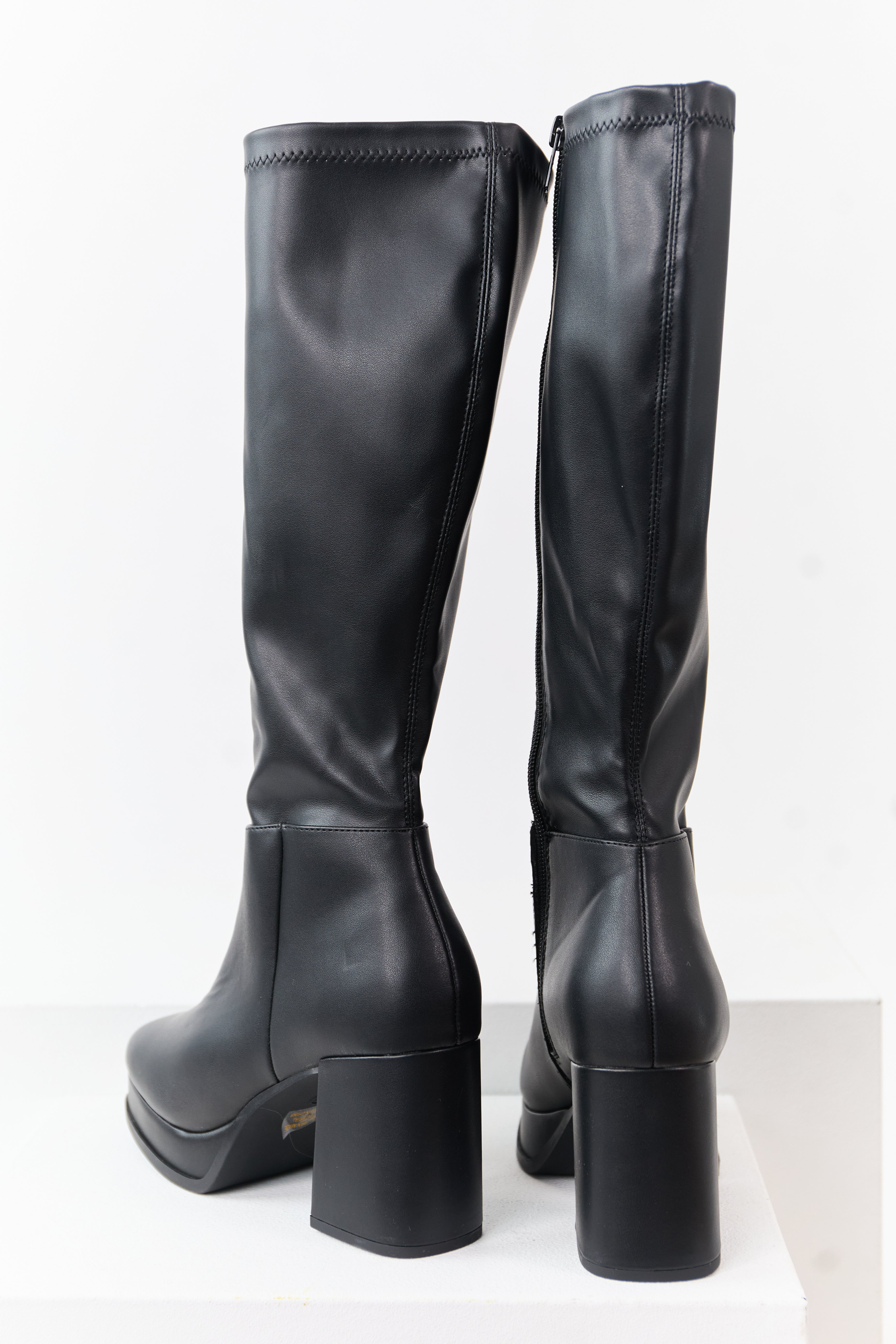 Black Faux Leather Platform Block Heel Boots